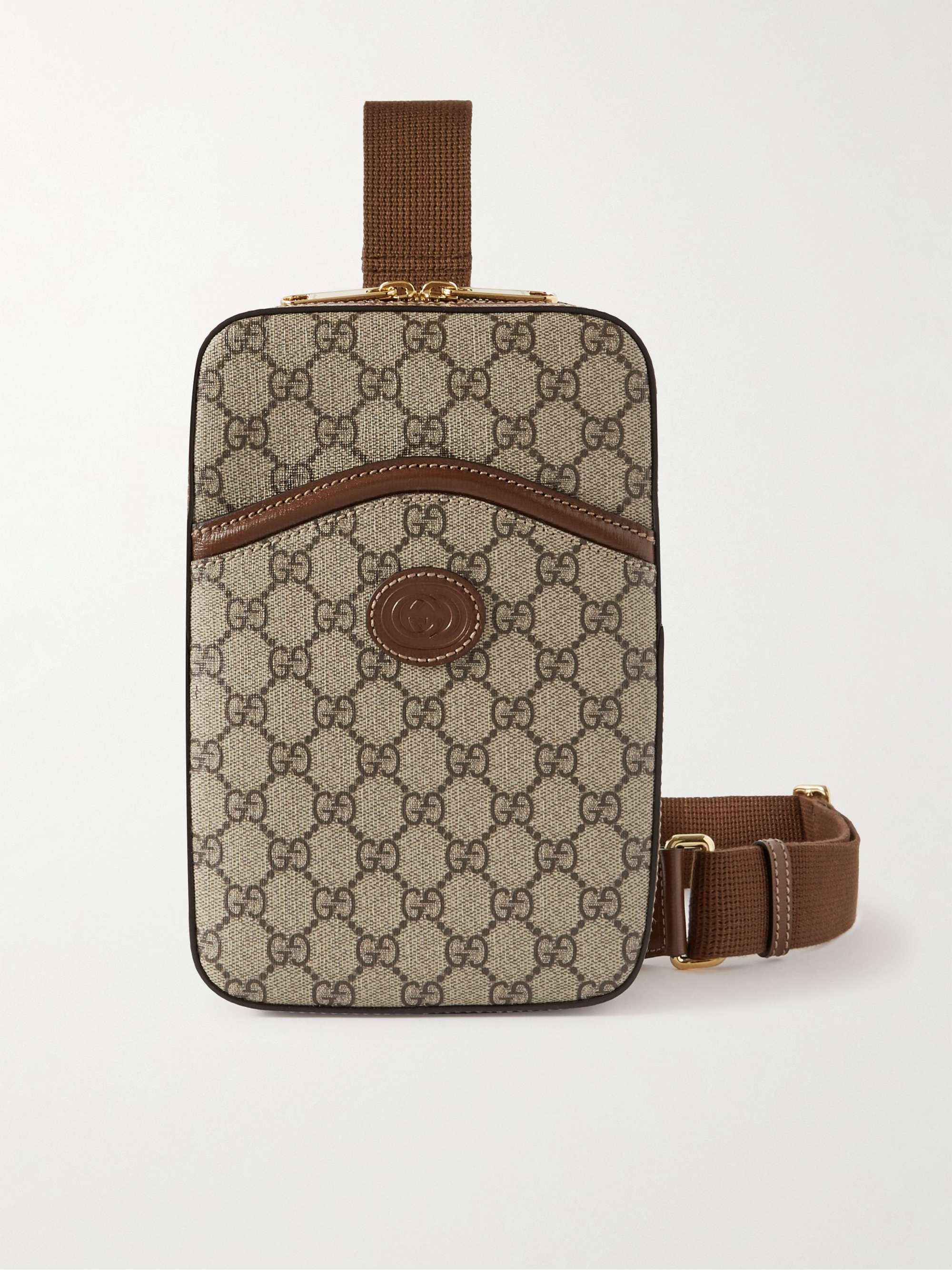 GUCCI Leather-Trimmed Monogrammed Coated-Canvas Messenger Bag | MR PORTER