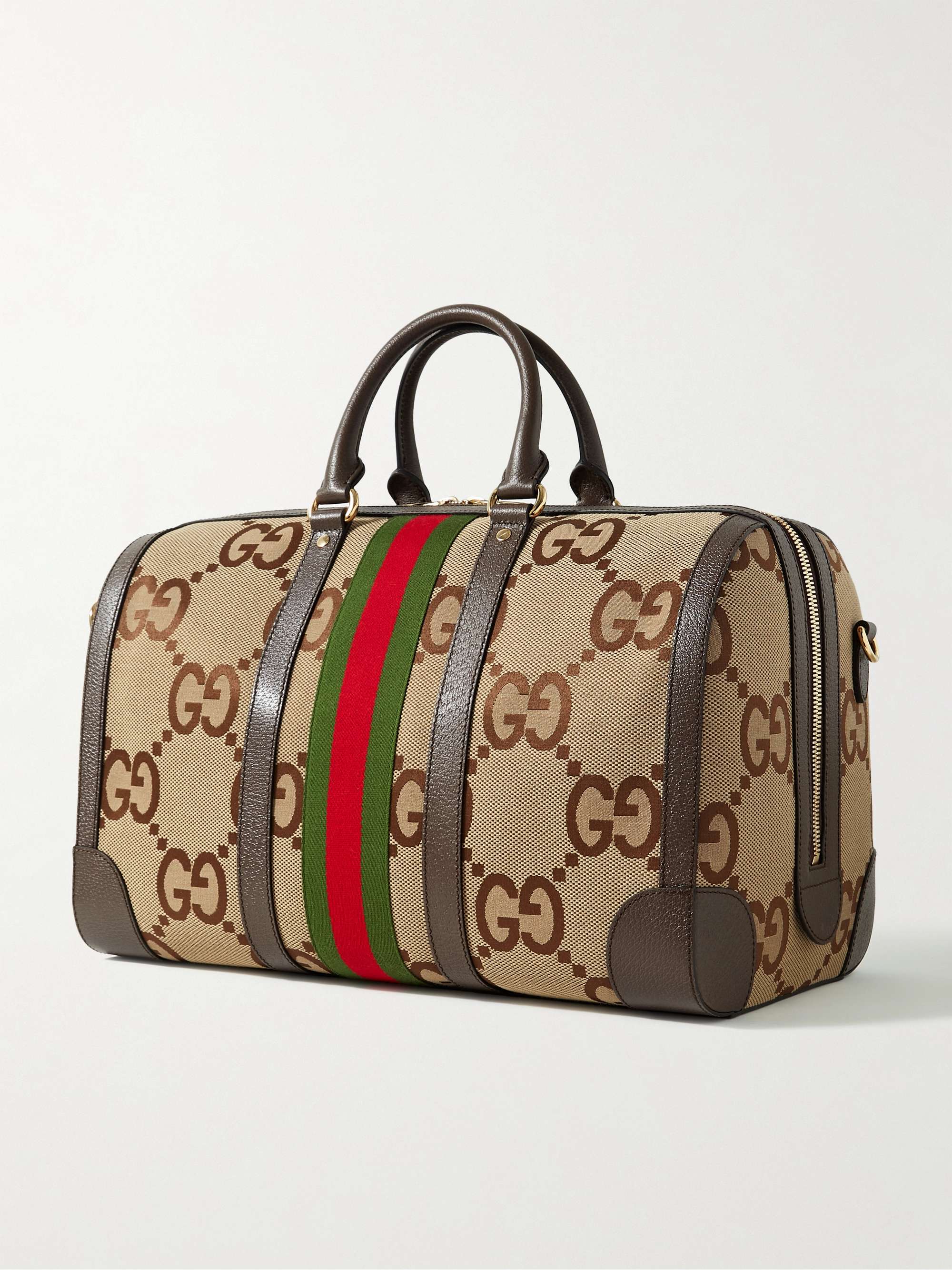 GUCCI Leather and Webbing-Trimmed Monogrammed Canvas Duffle Bag