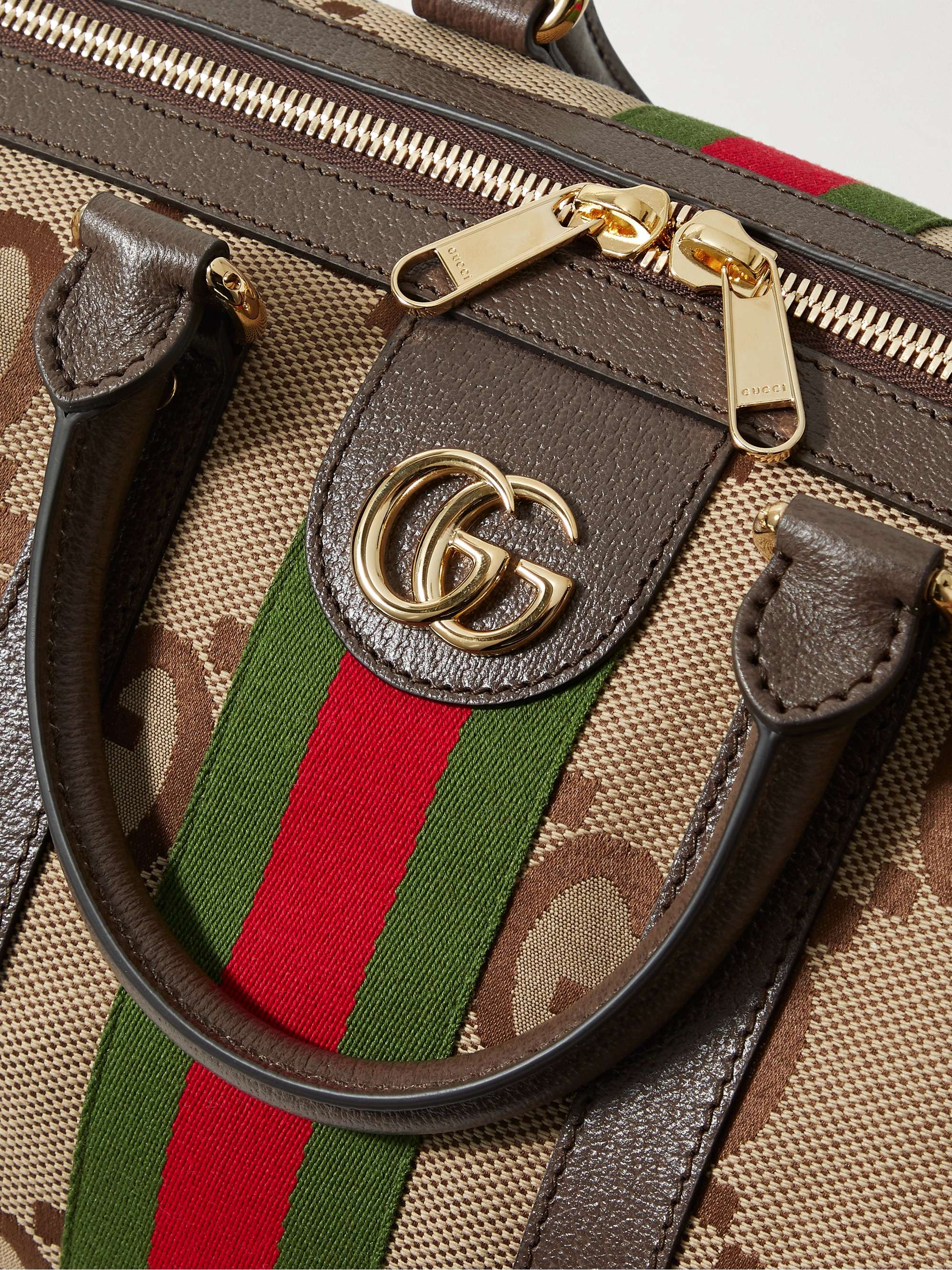 GUCCI Leather and Webbing-Trimmed Monogrammed Canvas Duffle Bag
