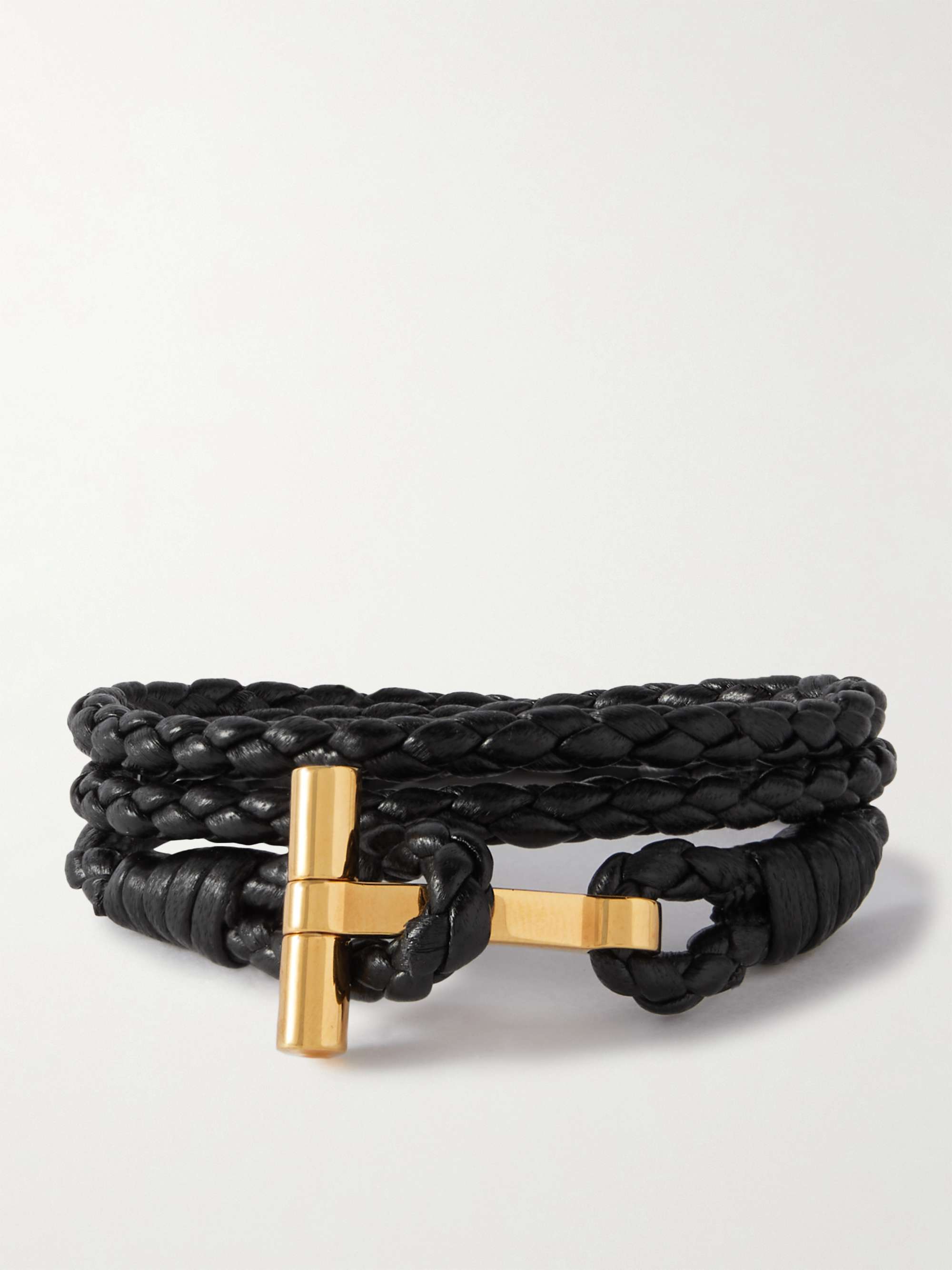 Woven Leather and Gold-Plated Wrap Bracelet