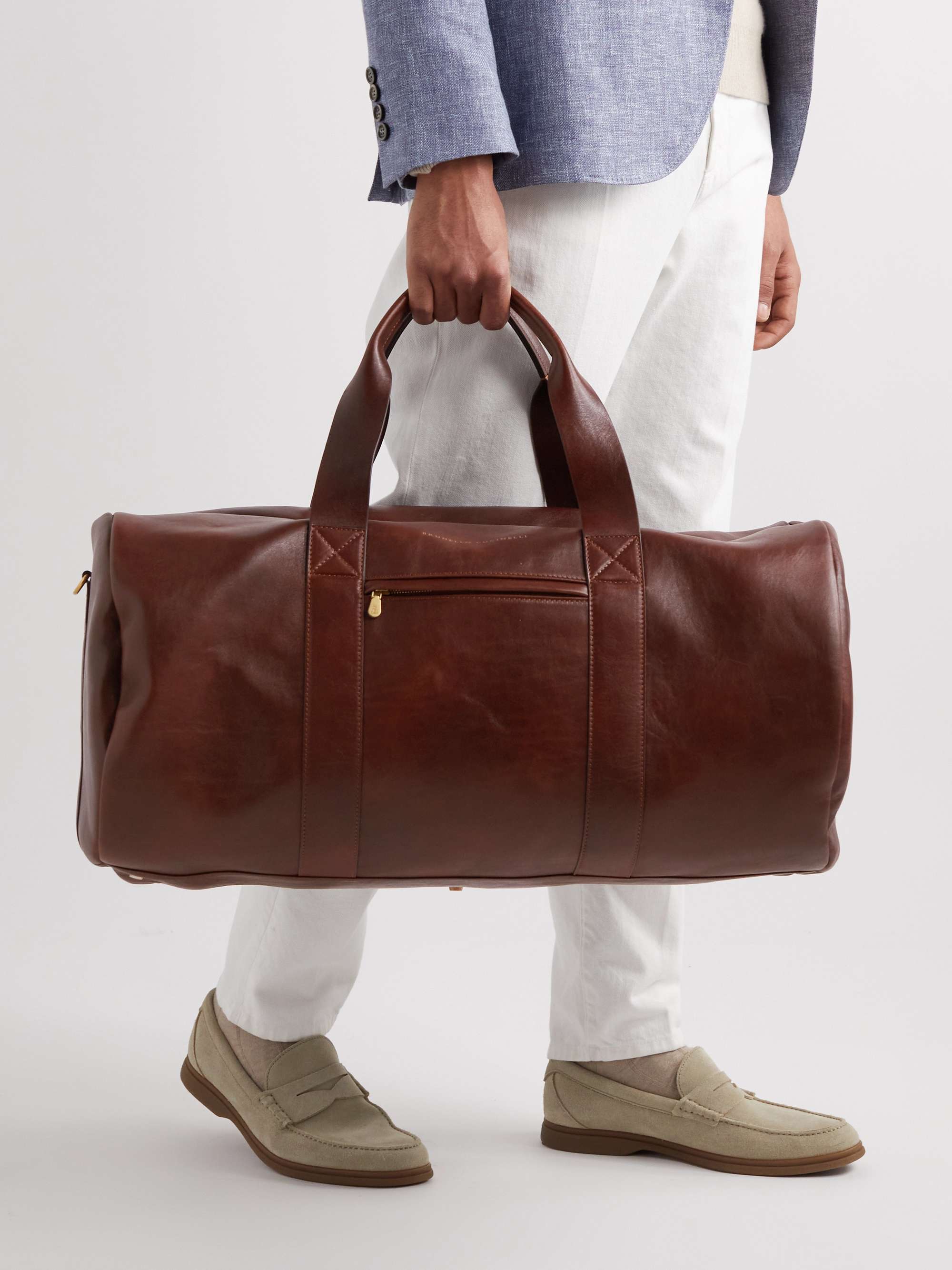 BRUNELLO CUCINELLI Vitello Nuvolato Logo-Print Leather Duffle Bag