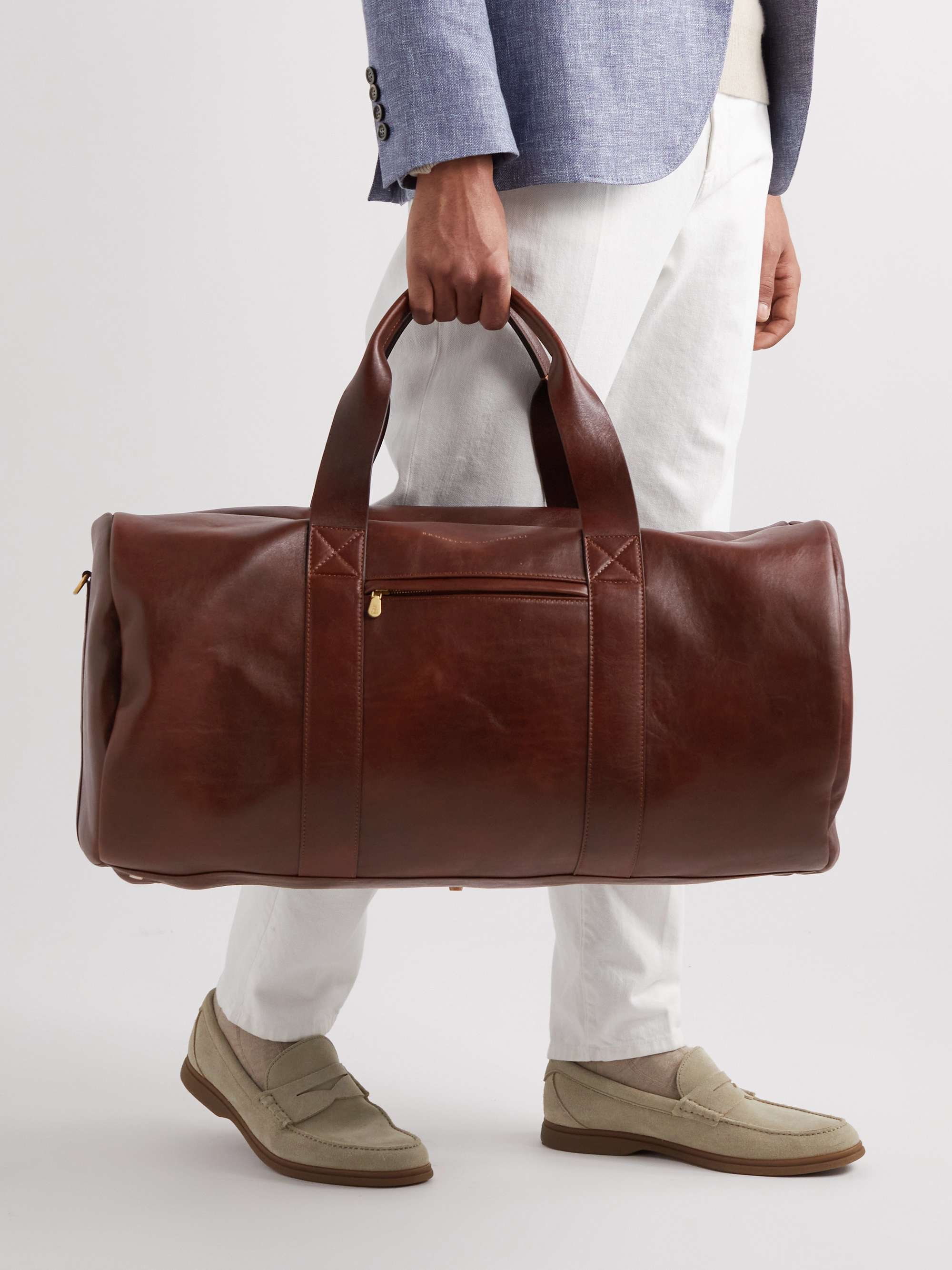 Logo-Print Full-Grain Leather Duffle Bag