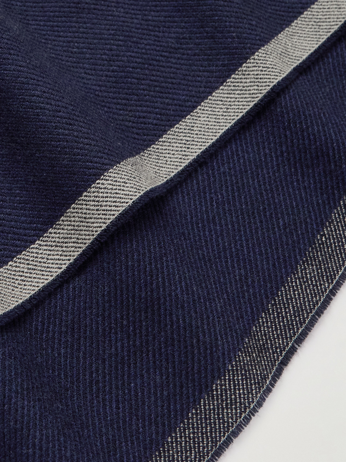  Brunello Cucinelli - Fringed Striped Wool And Cashmere-blend Scarf - Men - Blue 