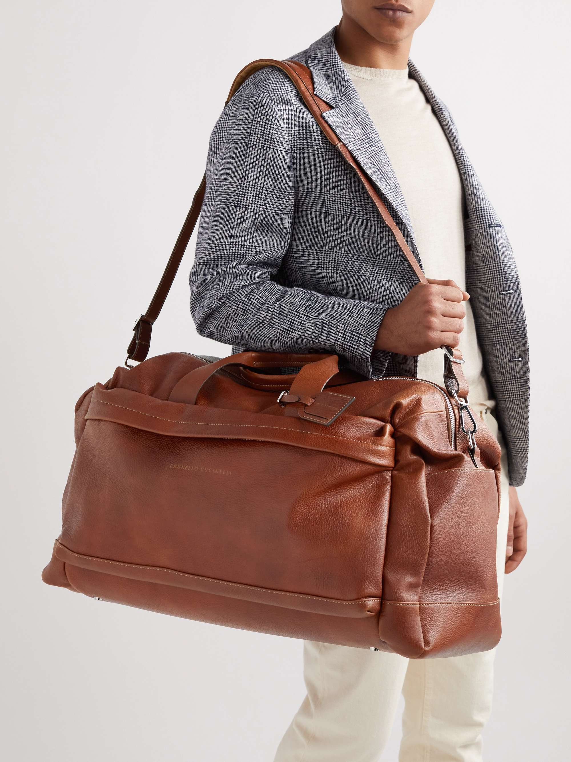 BRUNELLO CUCINELLI Logo-Print Full-Grain Leather Duffle Bag