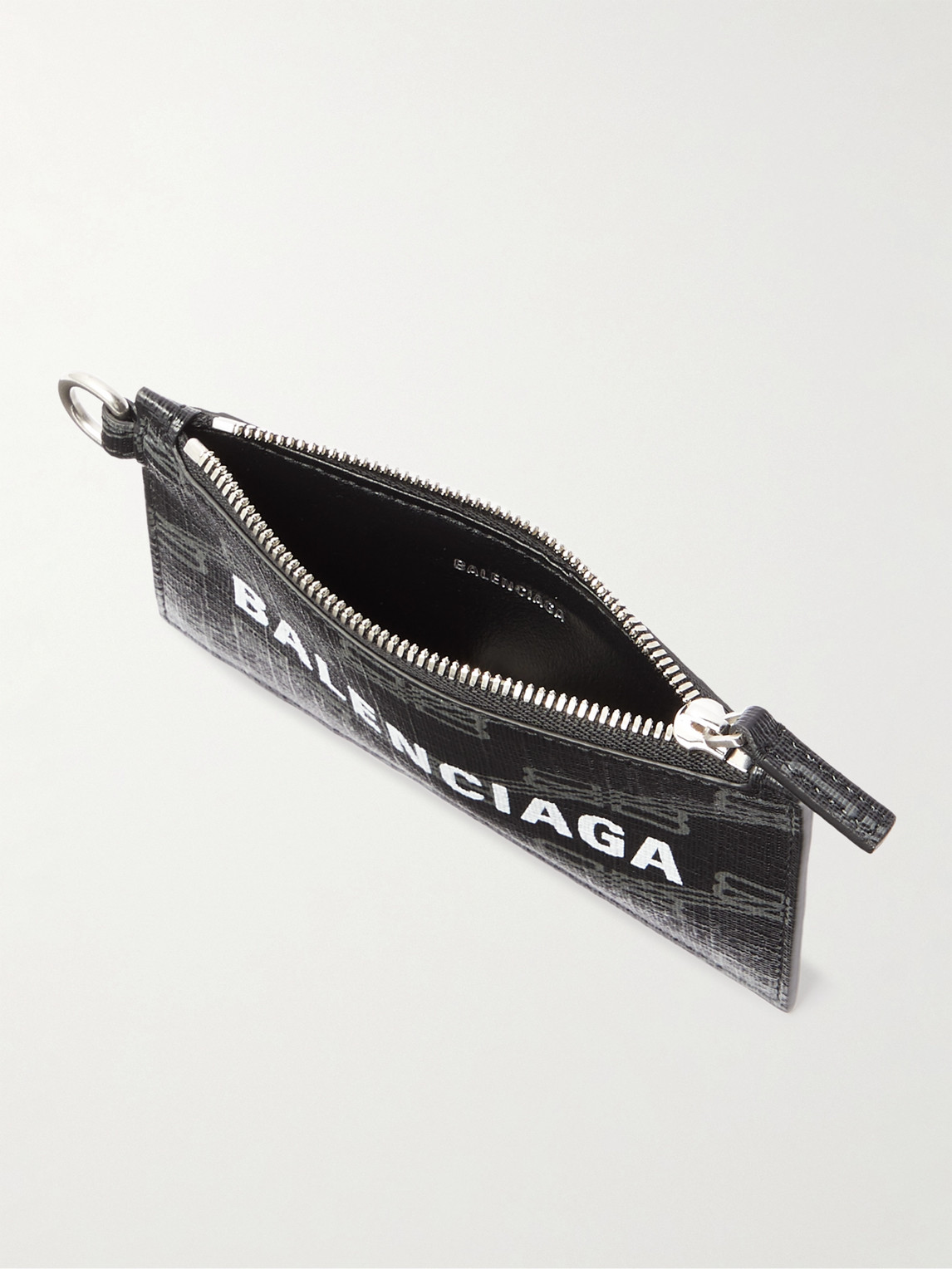 Shop Balenciaga Logo-print Cross-grain Leather Cardholder With Lanyard In Gray