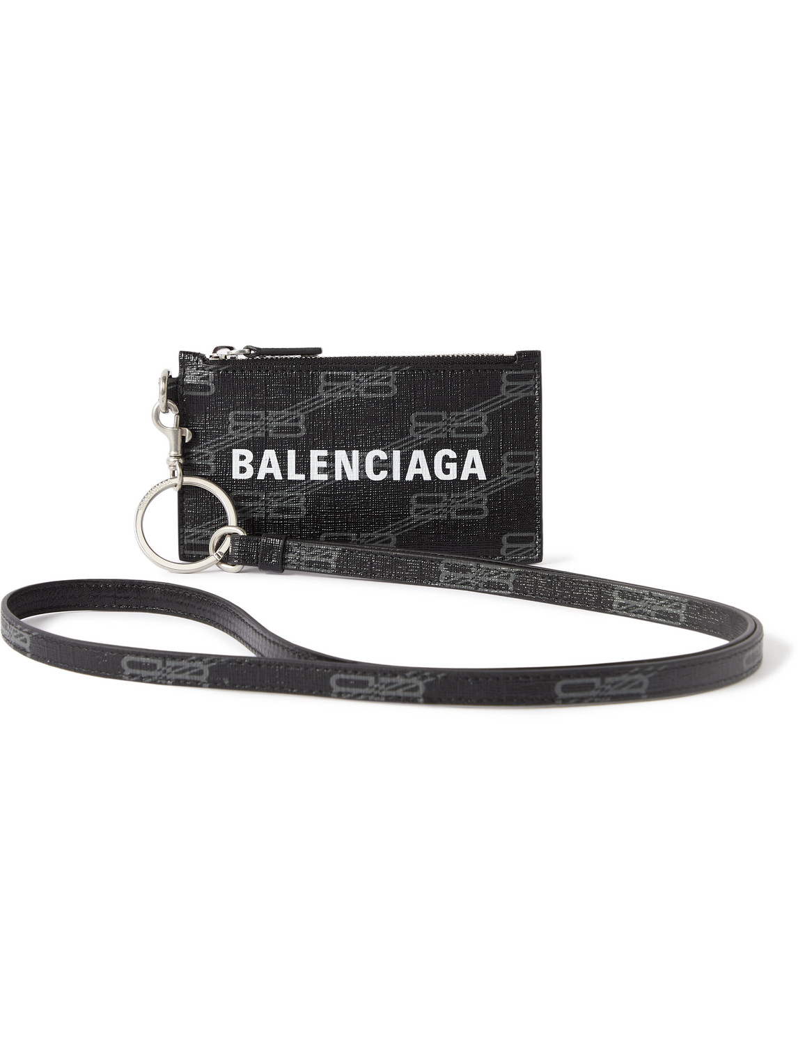 Balenciaga Logo-print Cross-grain Leather Cardholder With Lanyard In Gray