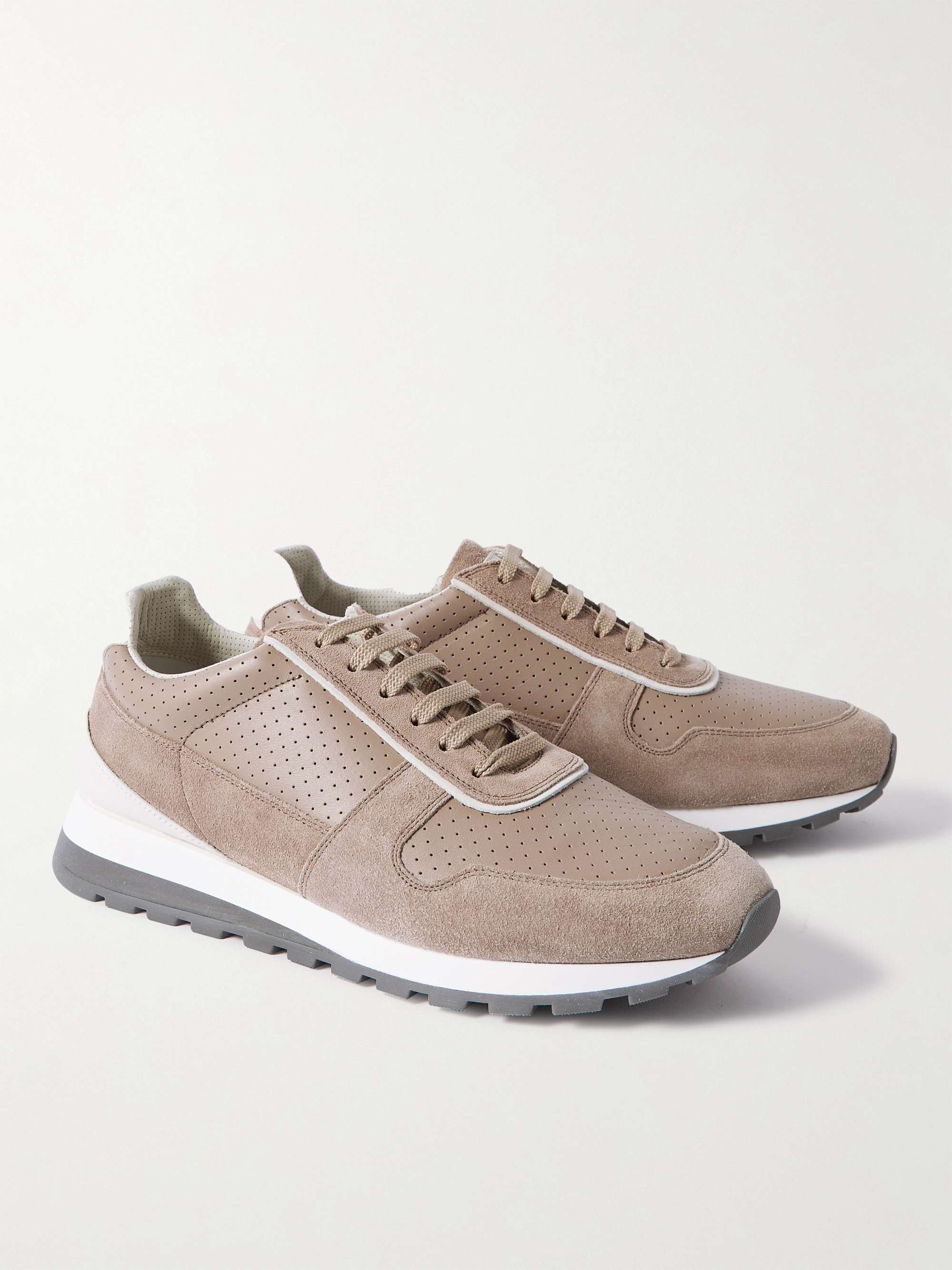 Perforated Leather and Suede Sneakers