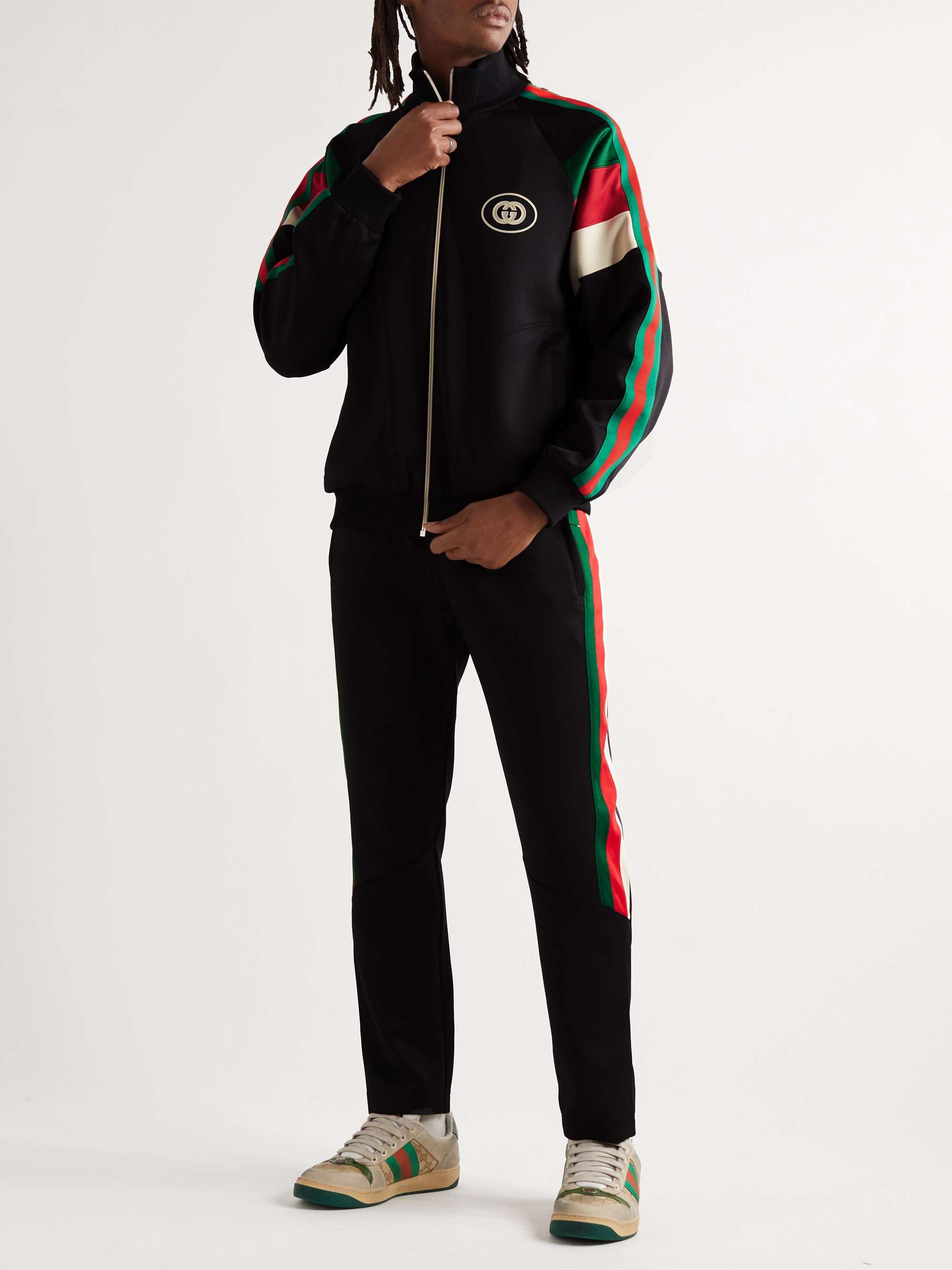 GUCCI Logo-Print Striped Webbing-Trimmed Jersey Bomber Jacket for