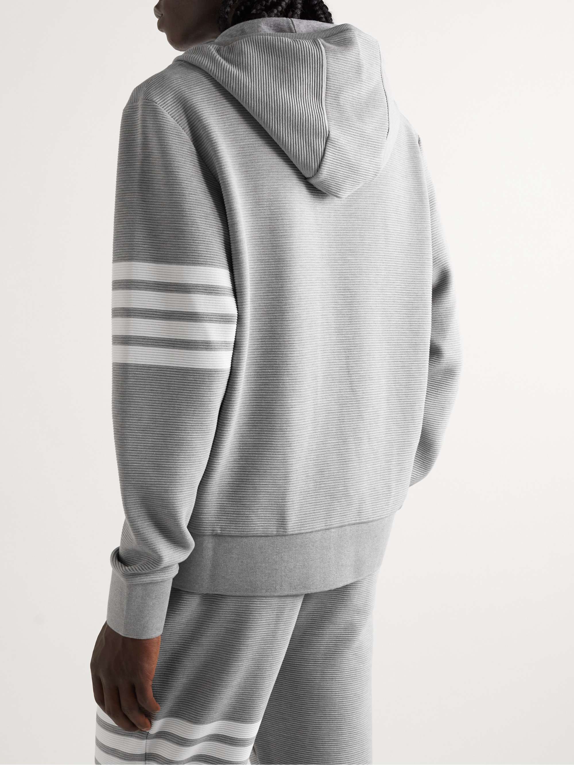 THOM BROWNE Striped Ribbed Cotton-Jersey Zip-Up Hoodie