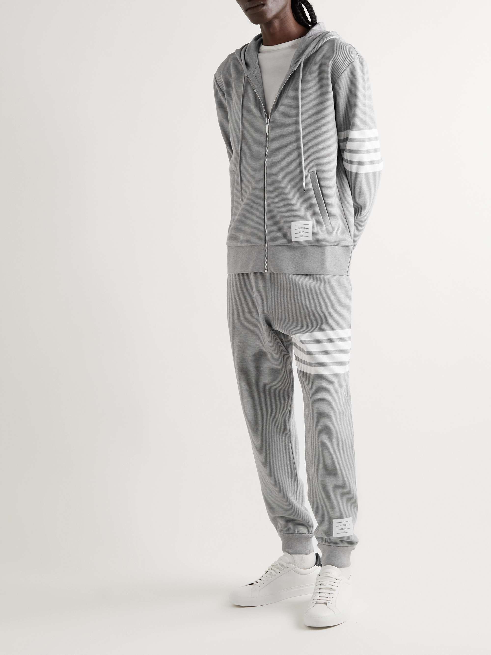 THOM BROWNE Striped Ribbed Cotton-Jersey Zip-Up Hoodie