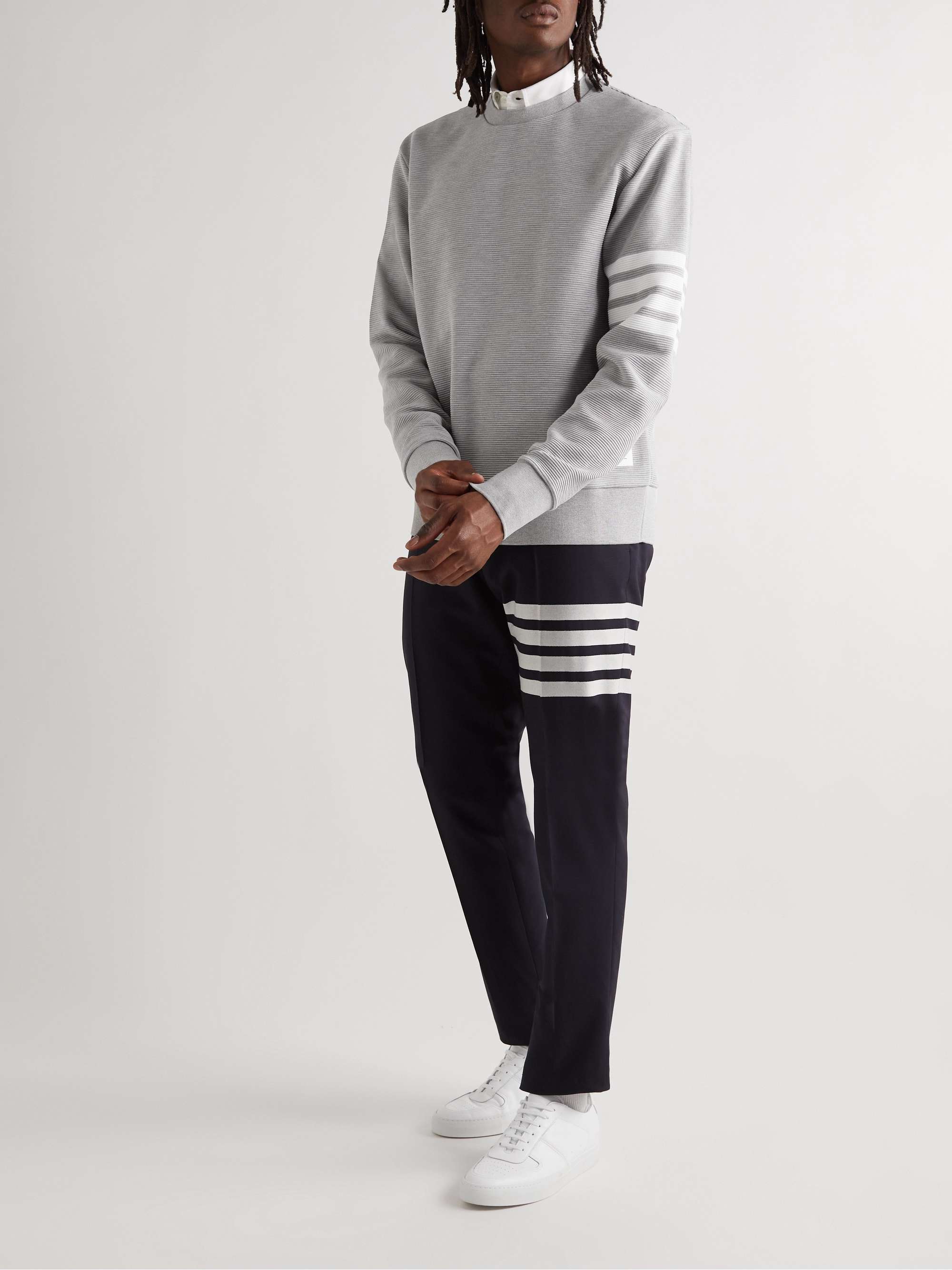 THOM BROWNE Striped Ribbed Cotton-Jersey Sweatshirt