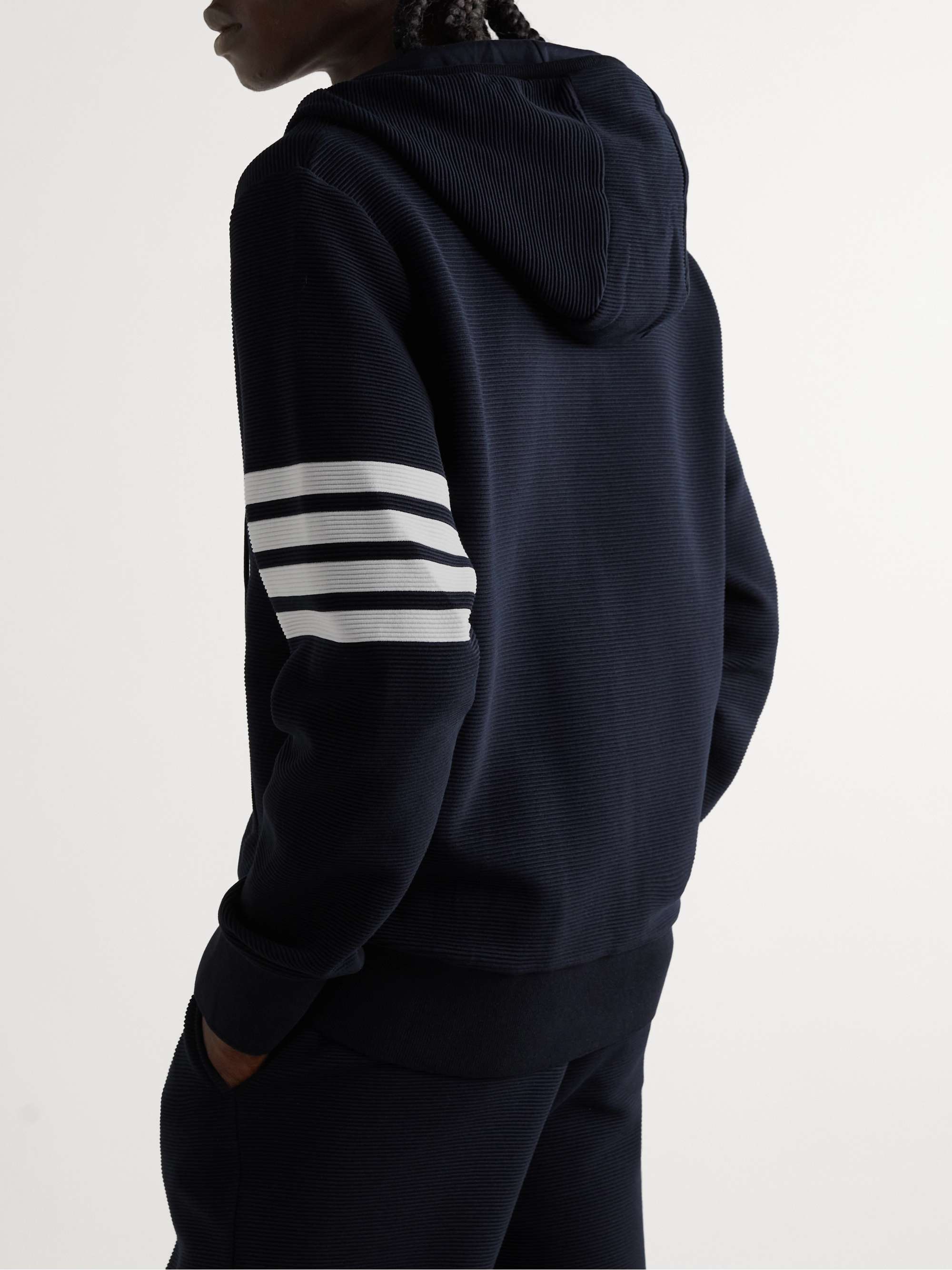 THOM BROWNE Striped Ribbed Cotton-Jersey Zip-Up Hoodie