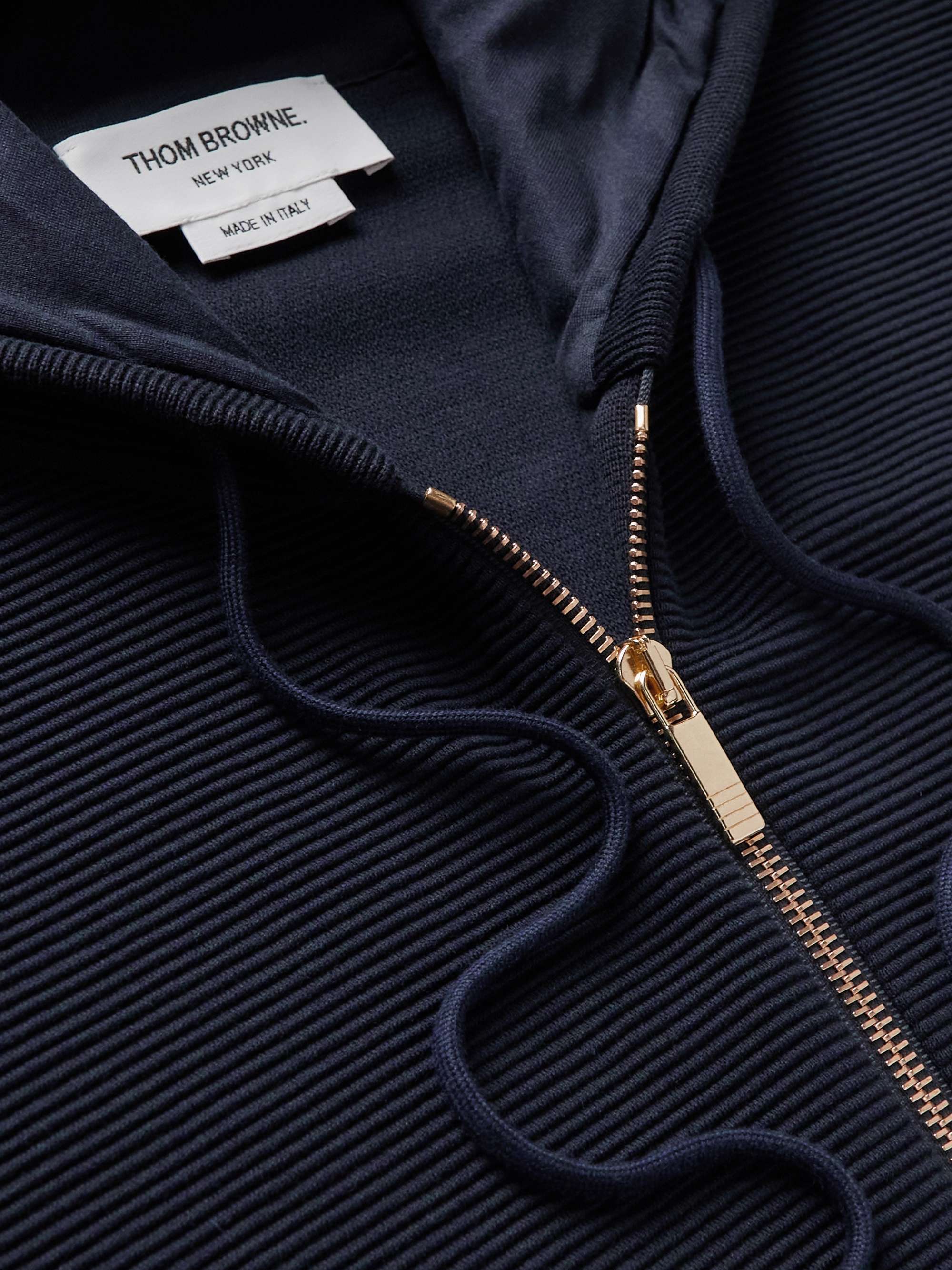 THOM BROWNE Striped Ribbed Cotton-Jersey Zip-Up Hoodie