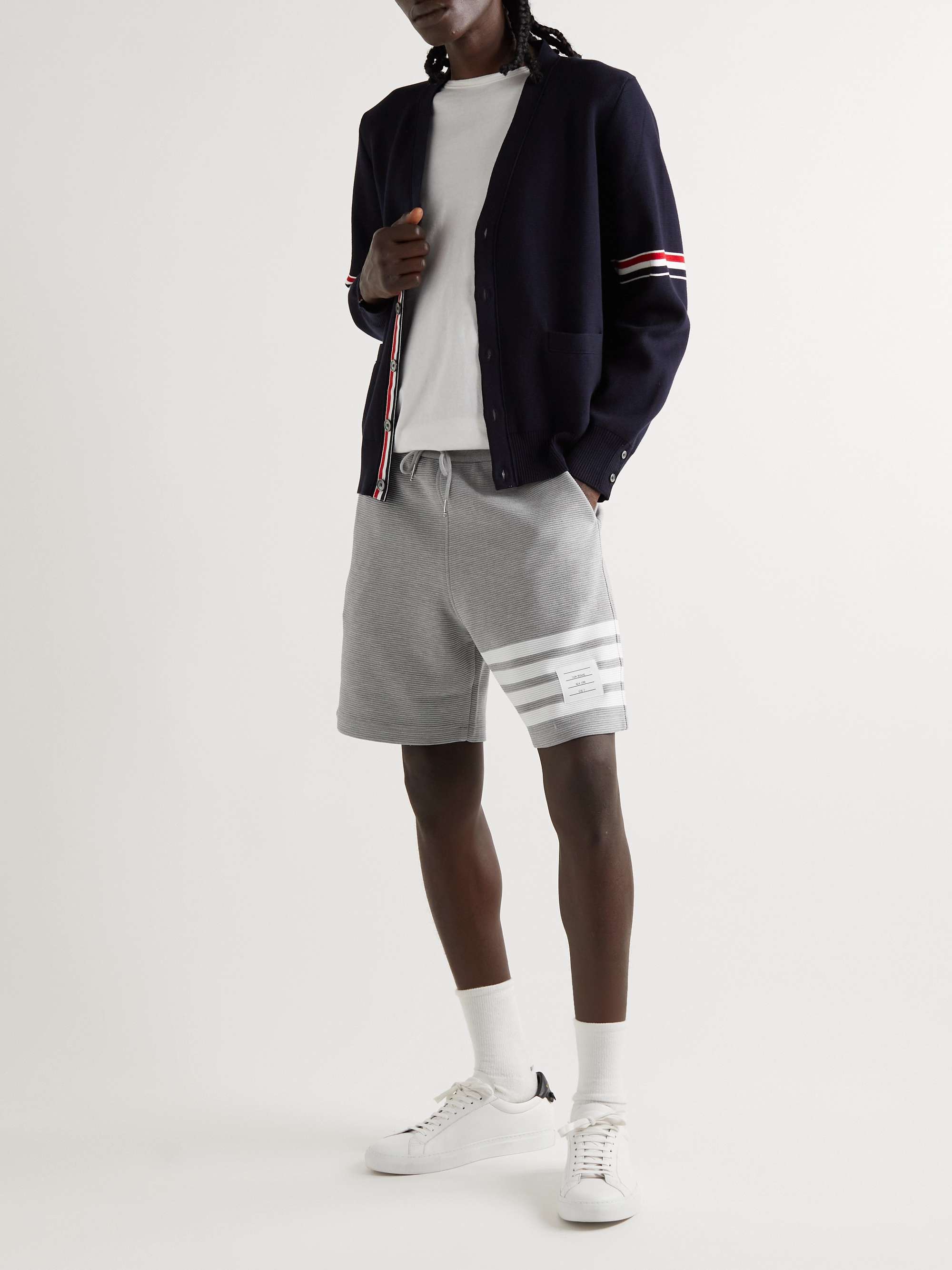 THOM BROWNE Straight-Leg Striped Ribbed Cotton-Jersey Drawstring Shorts