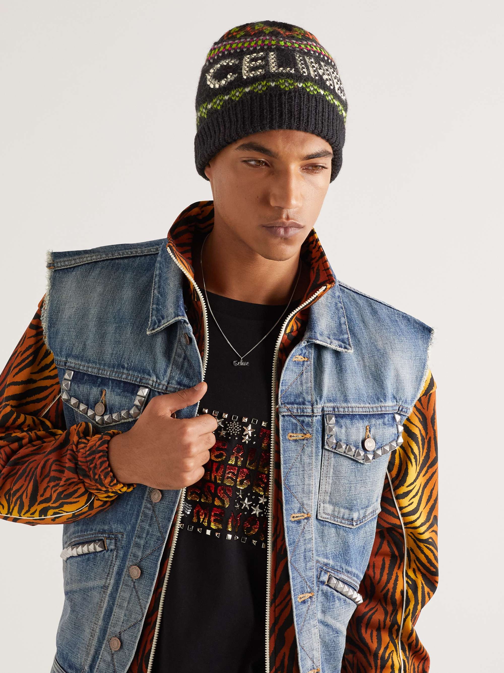 CELINE Studded Logo-Jacquard Wool Beanie