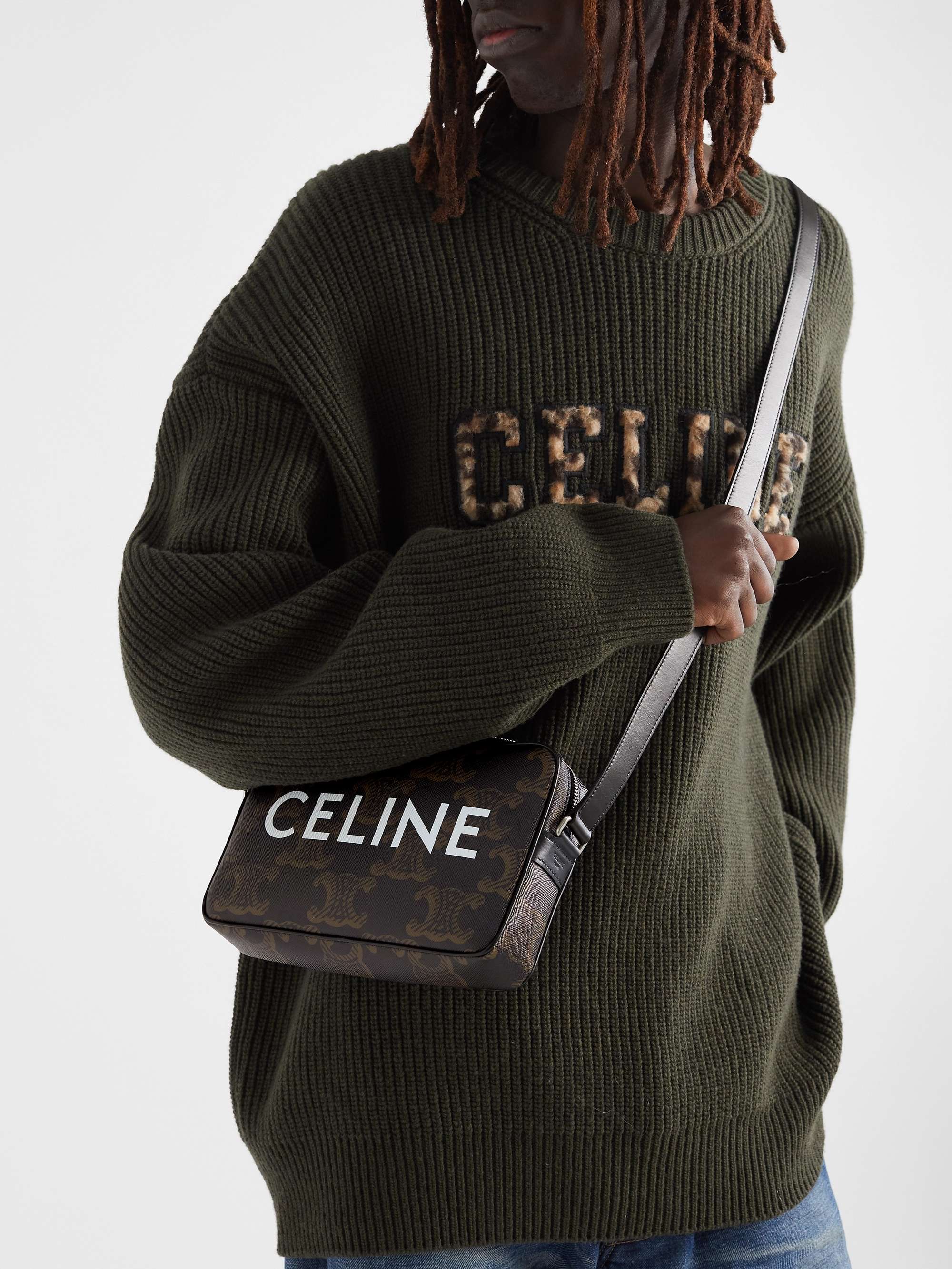 CELINE HOMME Triangle Triomphe Leather-Trimmed Logo-Print Coated-Canvas  Messenger Bag for Men