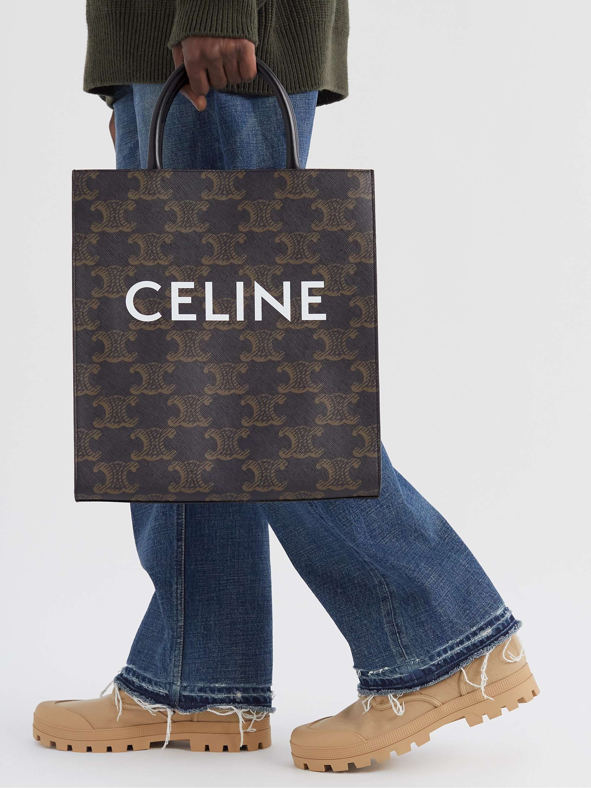 Celine Cabas Triomphe Leather Trimmed Logo-Print Coated Canvas Tote Bag  Brown/White in Coated Canvas with Silver-tone - US