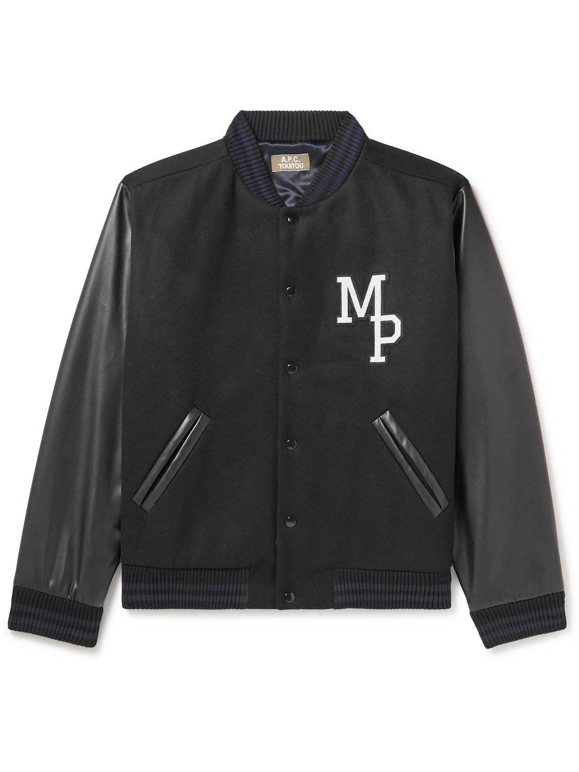 APC APPLIQUÉD WOOL-BLEND FELT AND FAUX LEATHER BOMBER JACKET