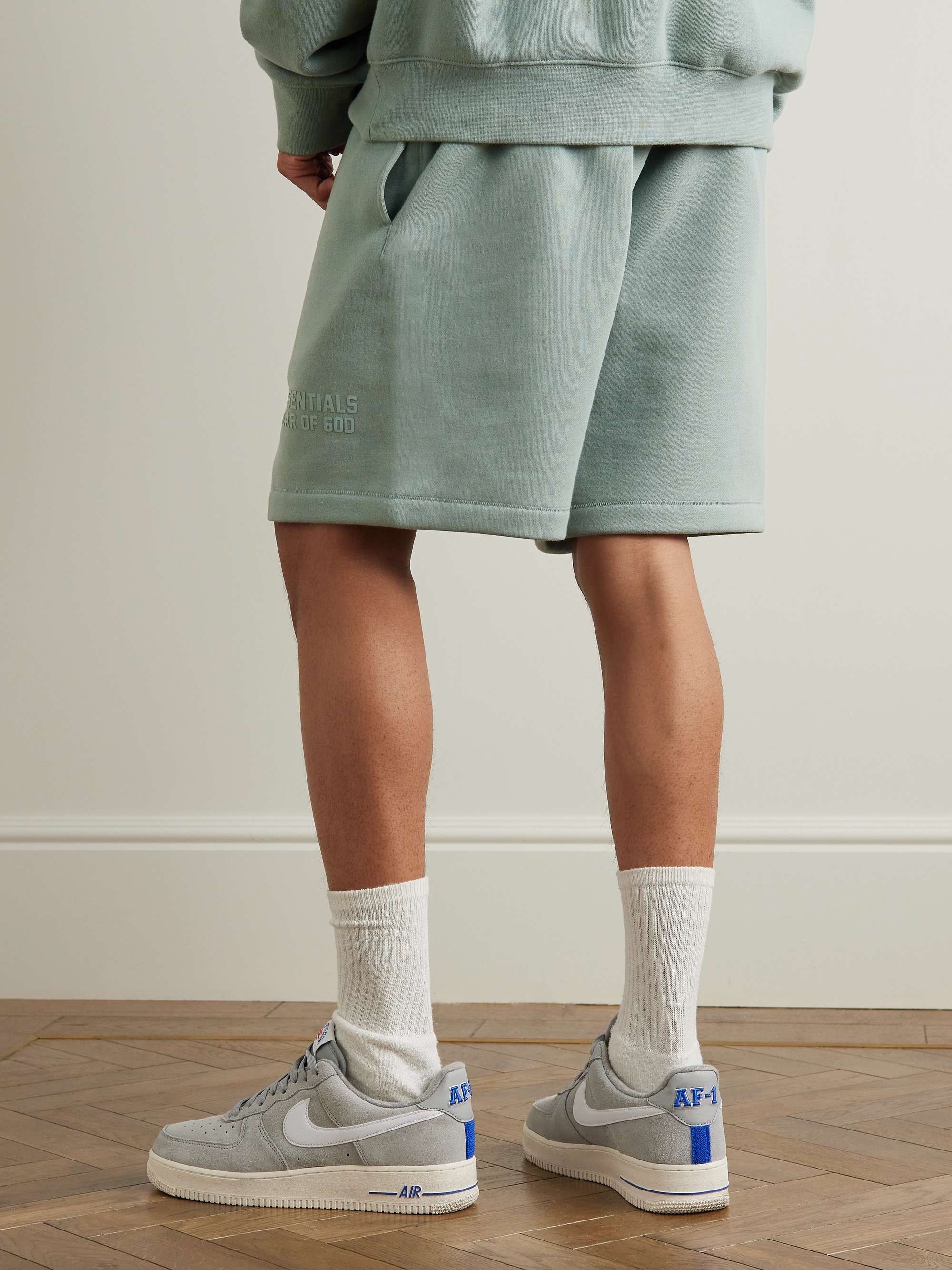 FEAR OF GOD ESSENTIALS Logo-Appliquéd Straight-Leg Cotton-Blend Jersey Drawstring Shorts for Men | MR PORTER FEAR OF GOD ESSENTIALS Logo-Appliquéd Straight-Leg Cotton-Blend Jersey Drawstring Shorts for Men | MR PORTER