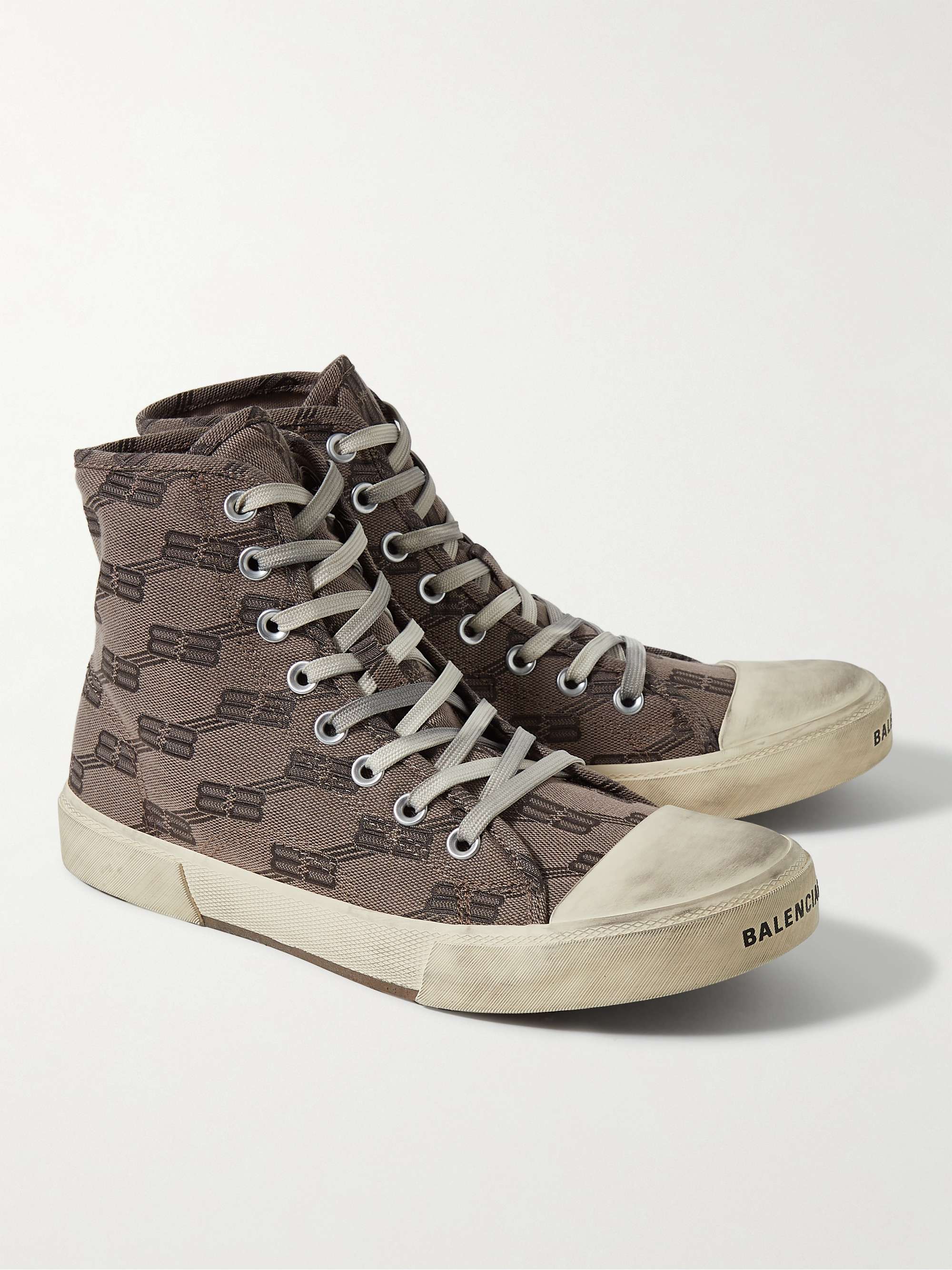 BALENCIAGA Paris Distressed Logo-Embroidered Canvas High-Top Sneakers