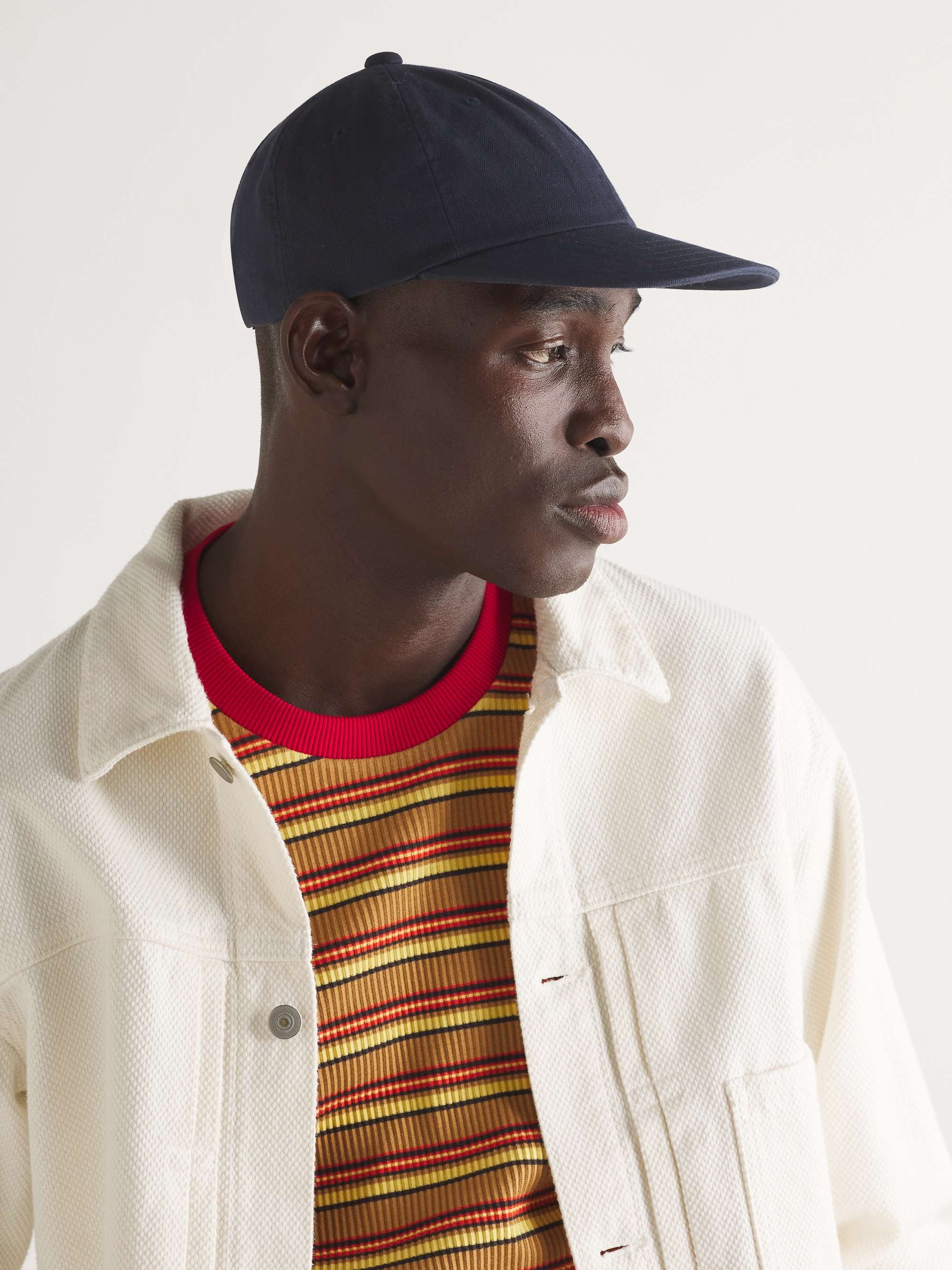 BEAMS PLUS Logo-Embroidered Leather-Trimmed Herringbone Cotton Cap