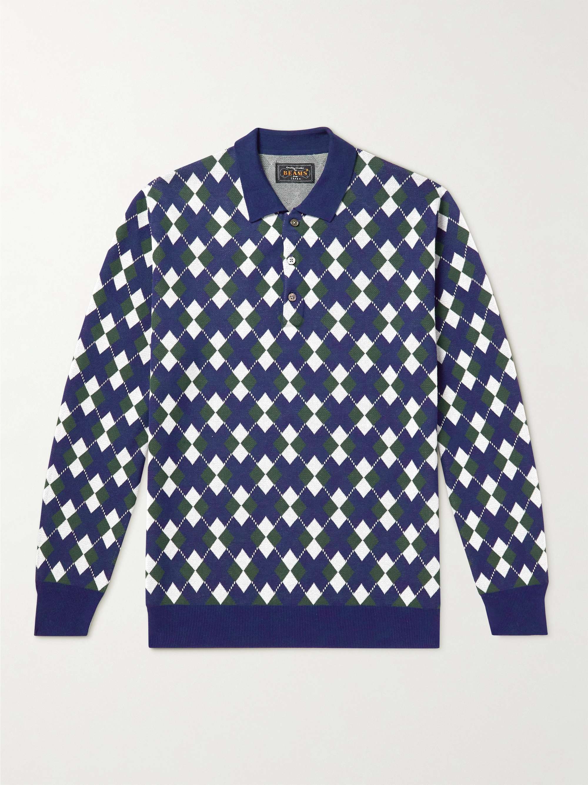 BEAMS PLUS Argyle Intarsia Cotton Polo Shirt