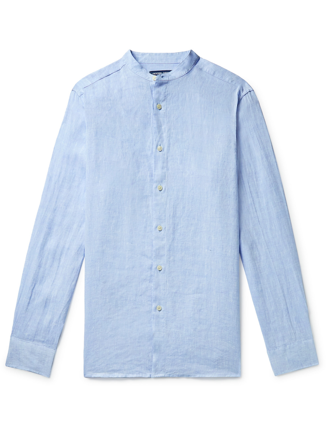 Shop Frescobol Carioca Jorge Grandad-collar Linen Shirt In Blue
