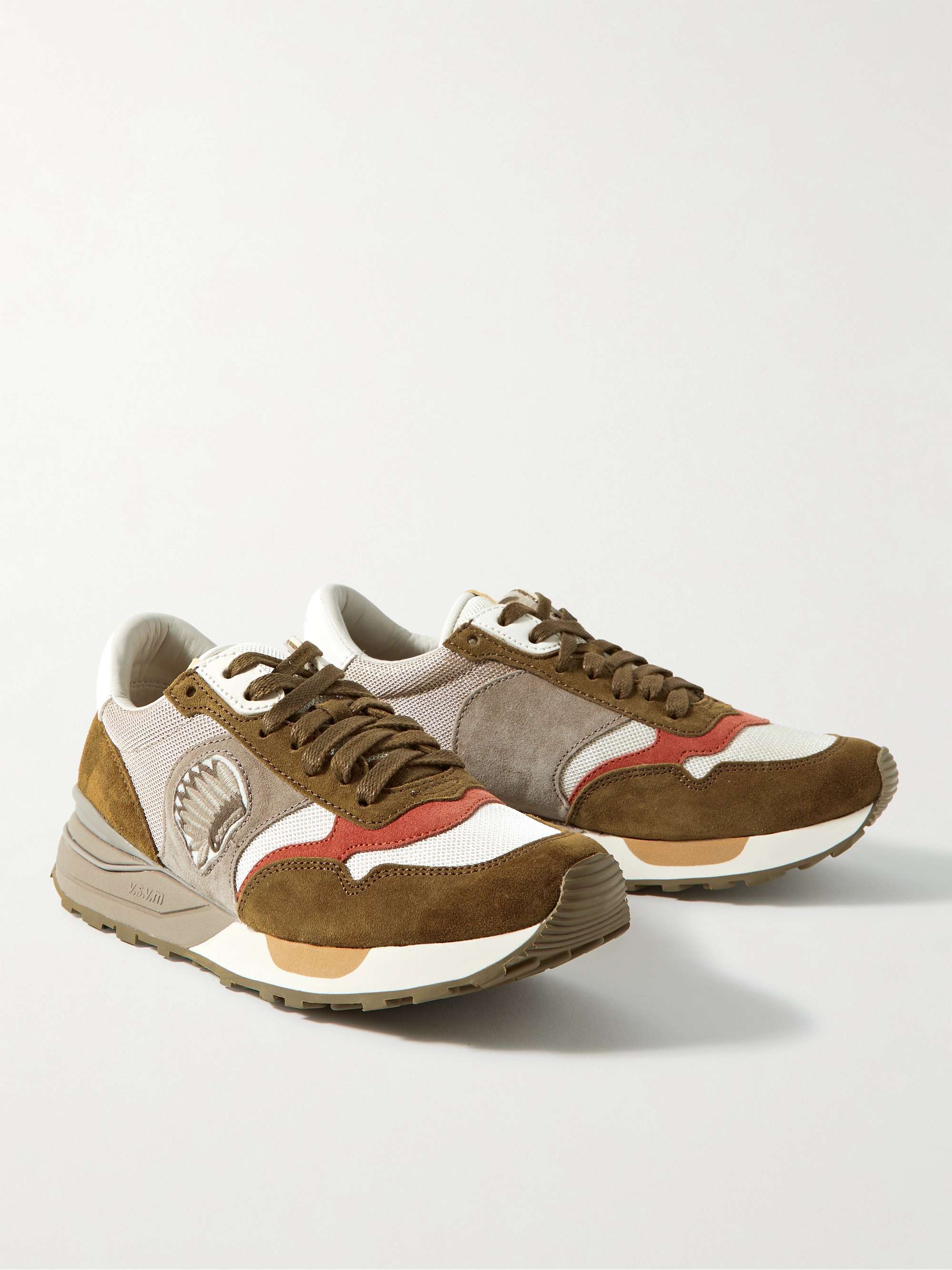 VISVIM Roland Embroidered Leather-Trimmed Suede and Mesh Sneakers