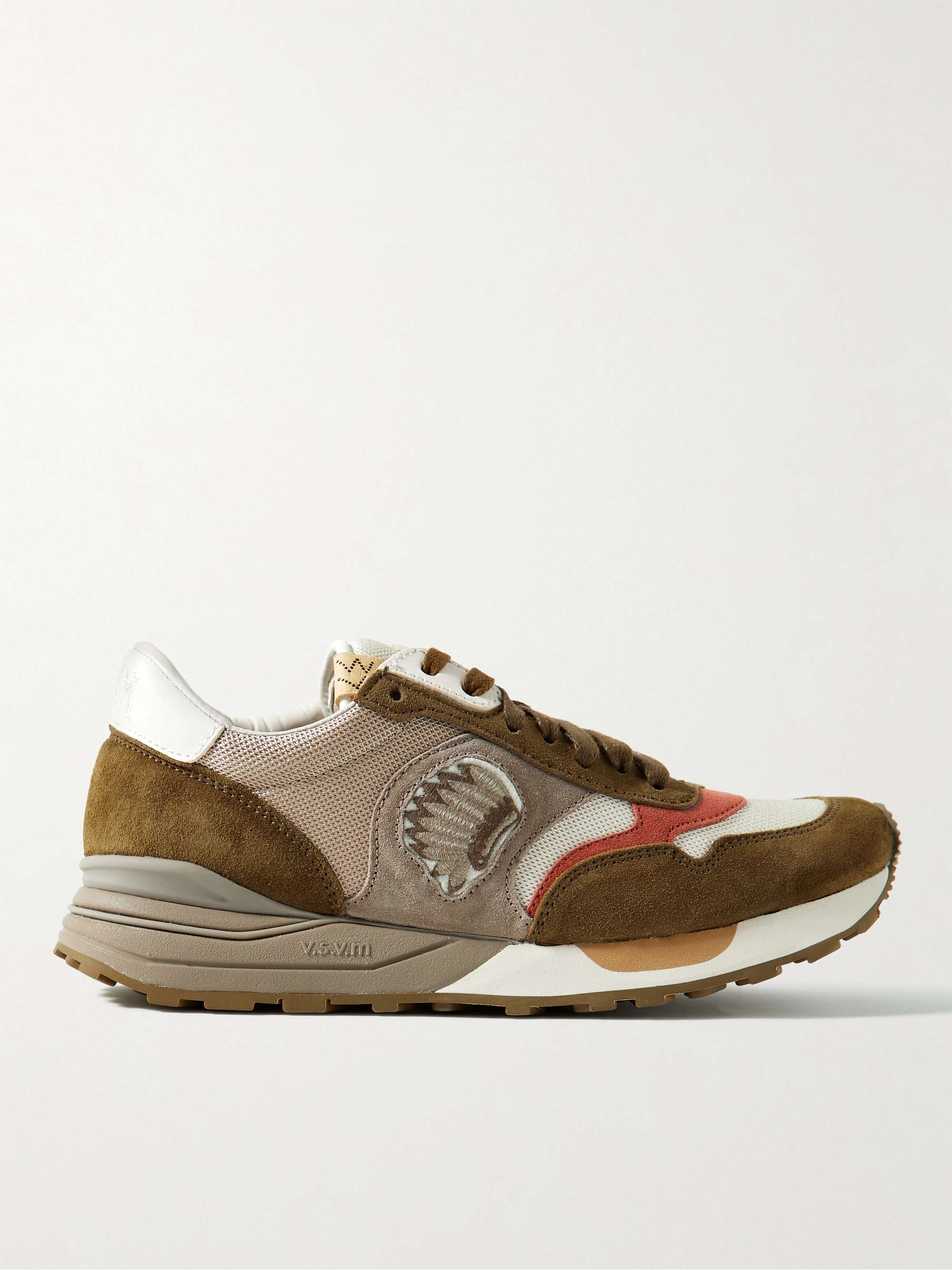 VISVIM Roland Embroidered Leather-Trimmed Suede and Mesh Sneakers