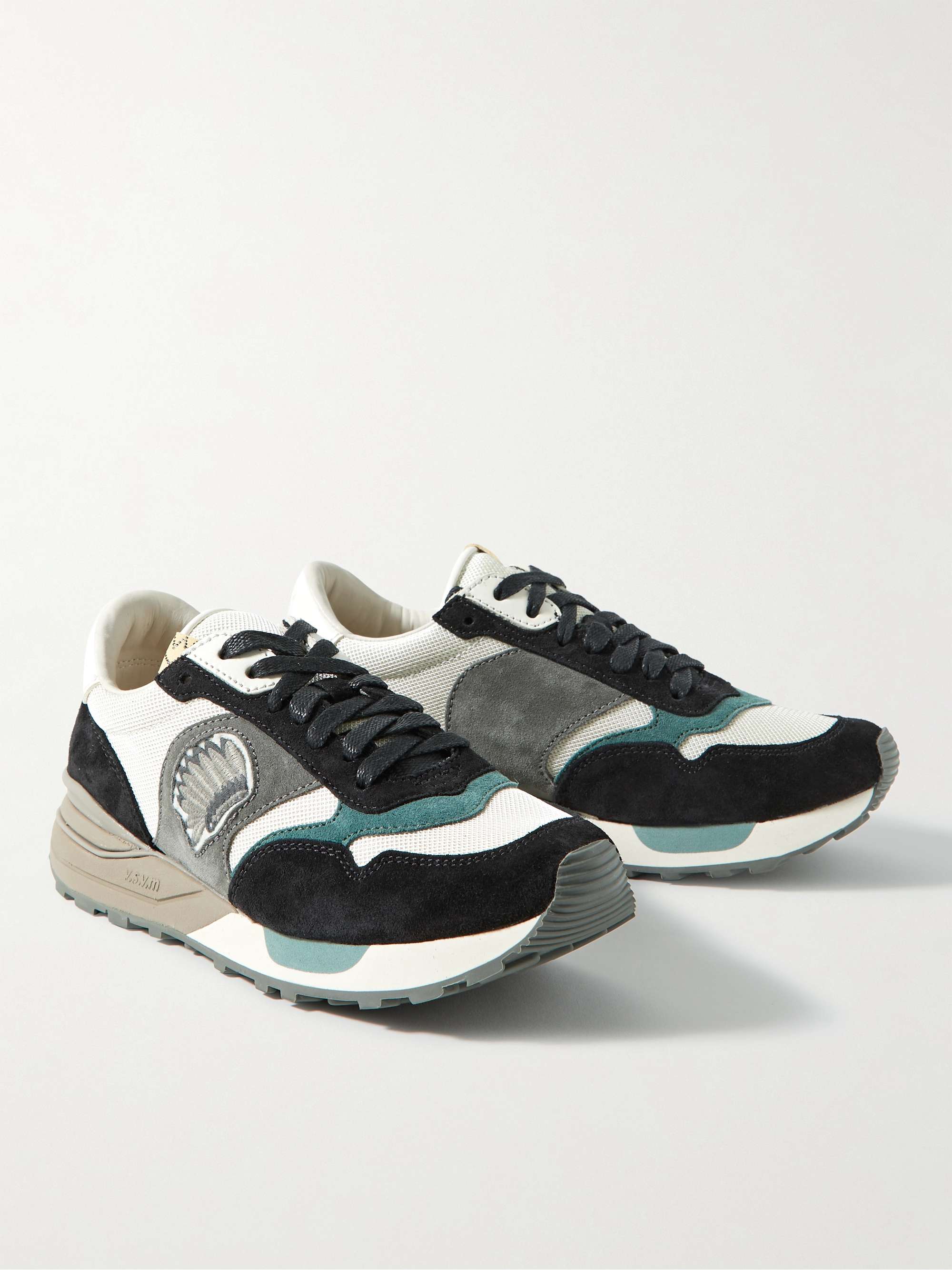 VISVIM Roland Embroidered Leather-Trimmed Suede and Mesh Sneakers
