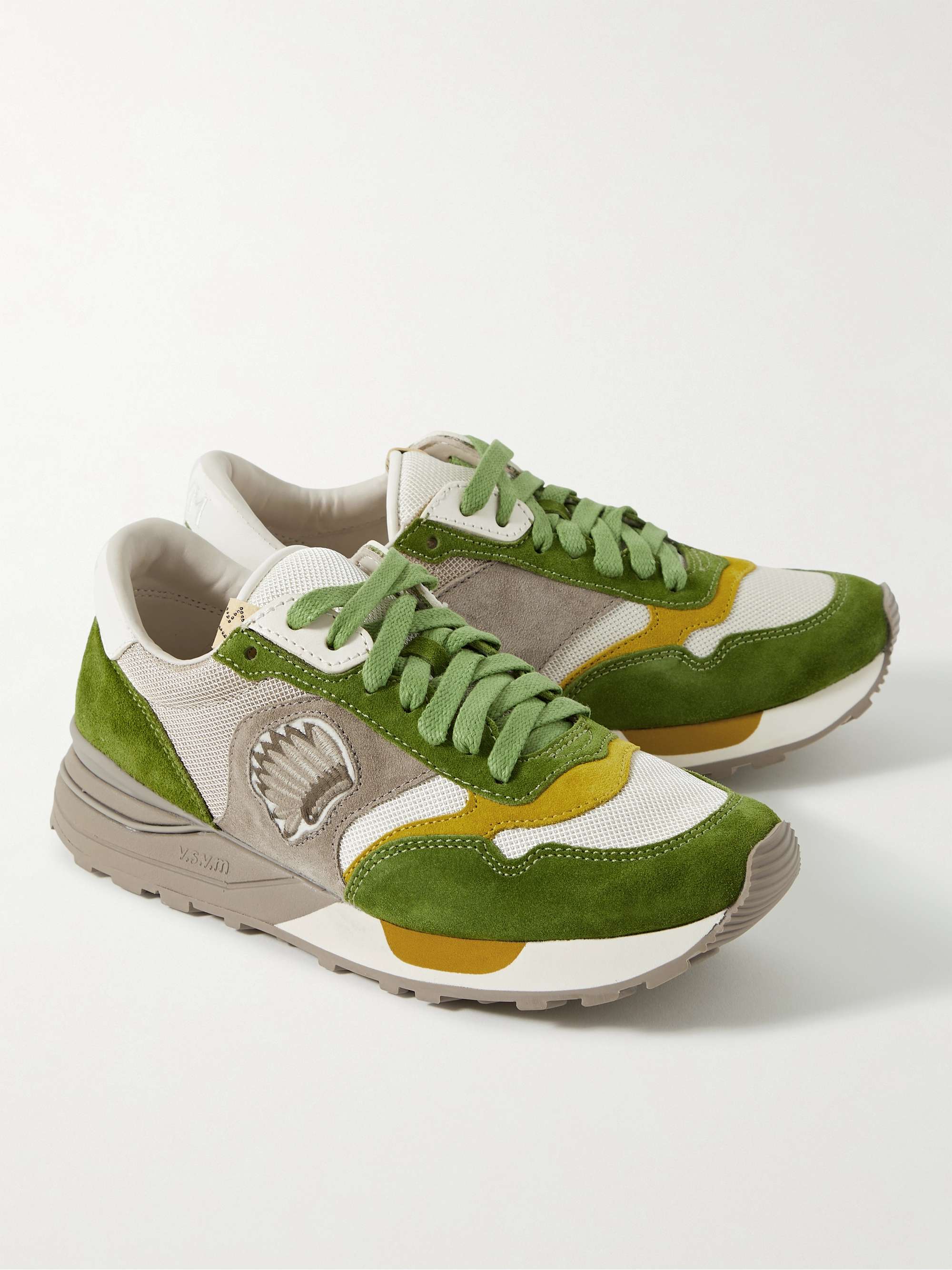 VISVIM Roland Embroidered Leather-Trimmed Suede and Mesh Sneakers