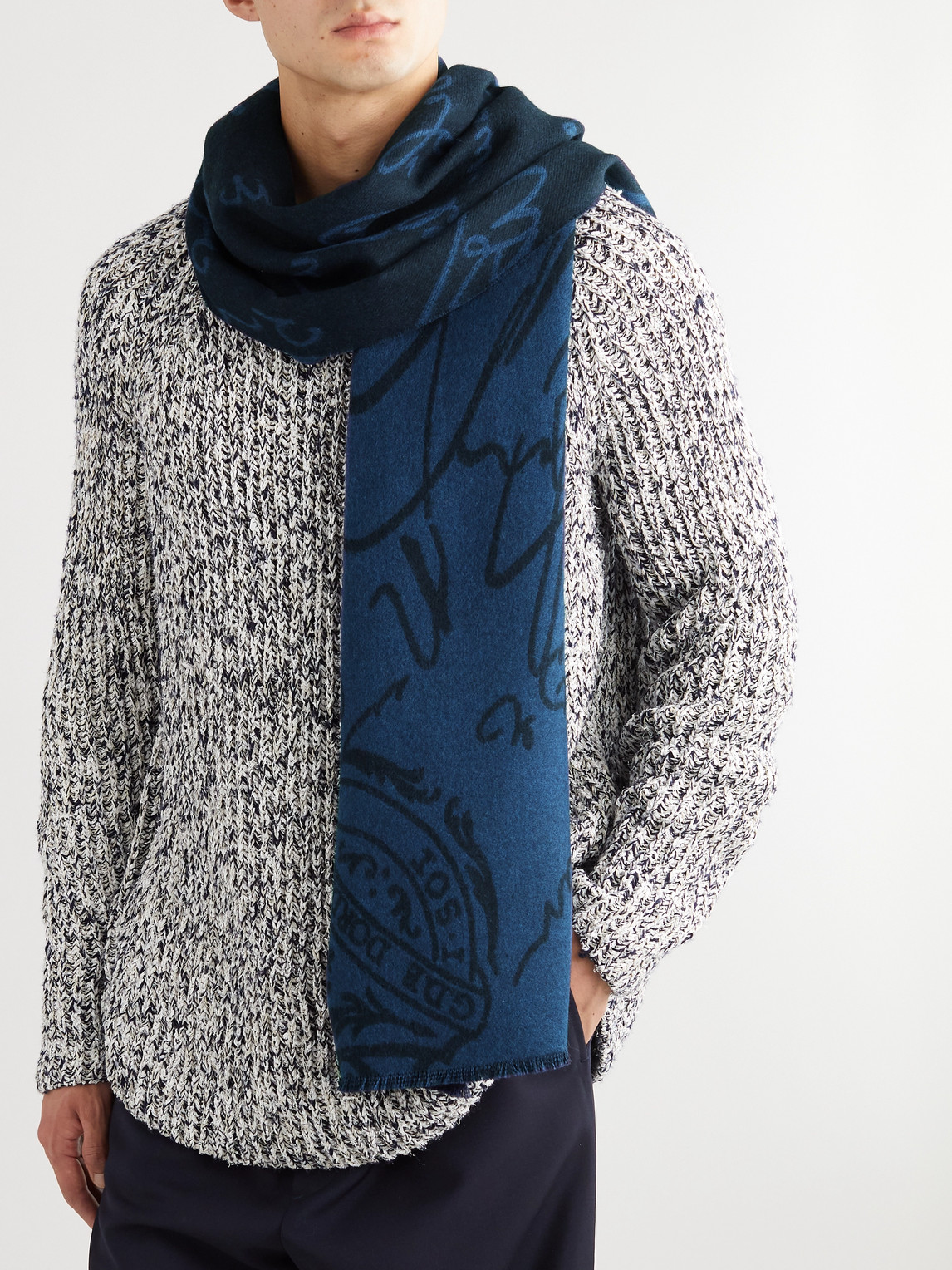 Shop Berluti Scritto Wool-jacquard Scarf In Blue
