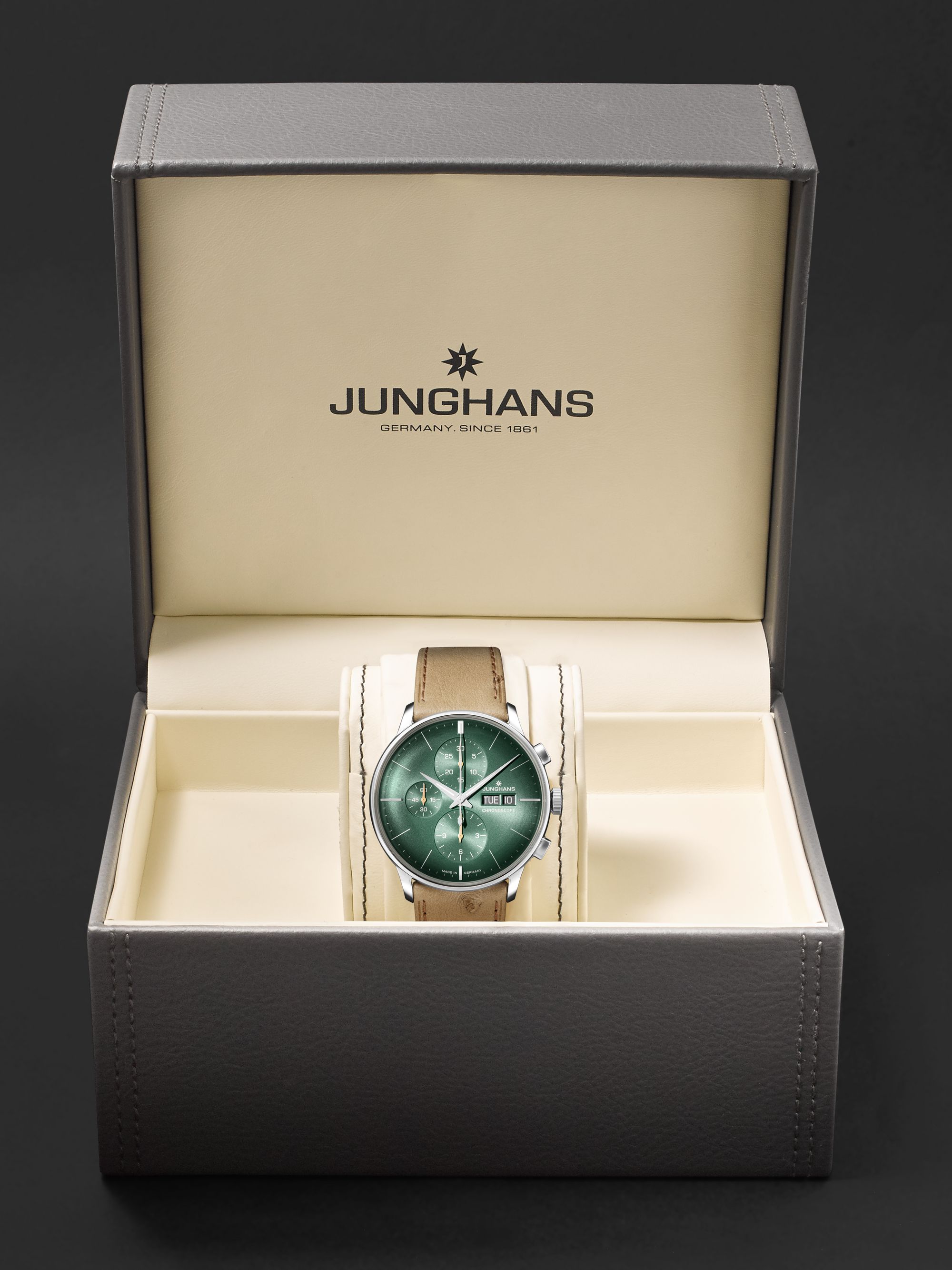 JUNGHANS Meister Chronoscope 40.7 mm Stainless Steel and Leather Watch, Ref. No 27/4222.03
