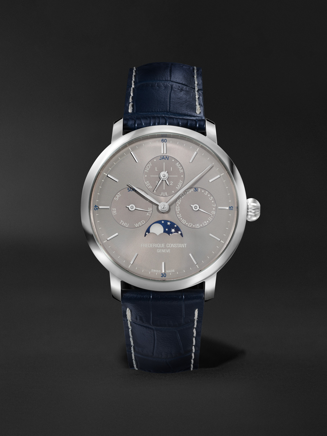 Slimline Automatic Perpetual Calendar Moon-Phase Stainless Steel Watch, Ref. FC-775G4S6