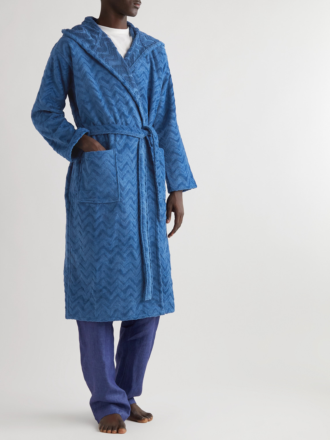 Shop Missoni Rex Cotton-terry Jacquard Hooded Robe In Blue