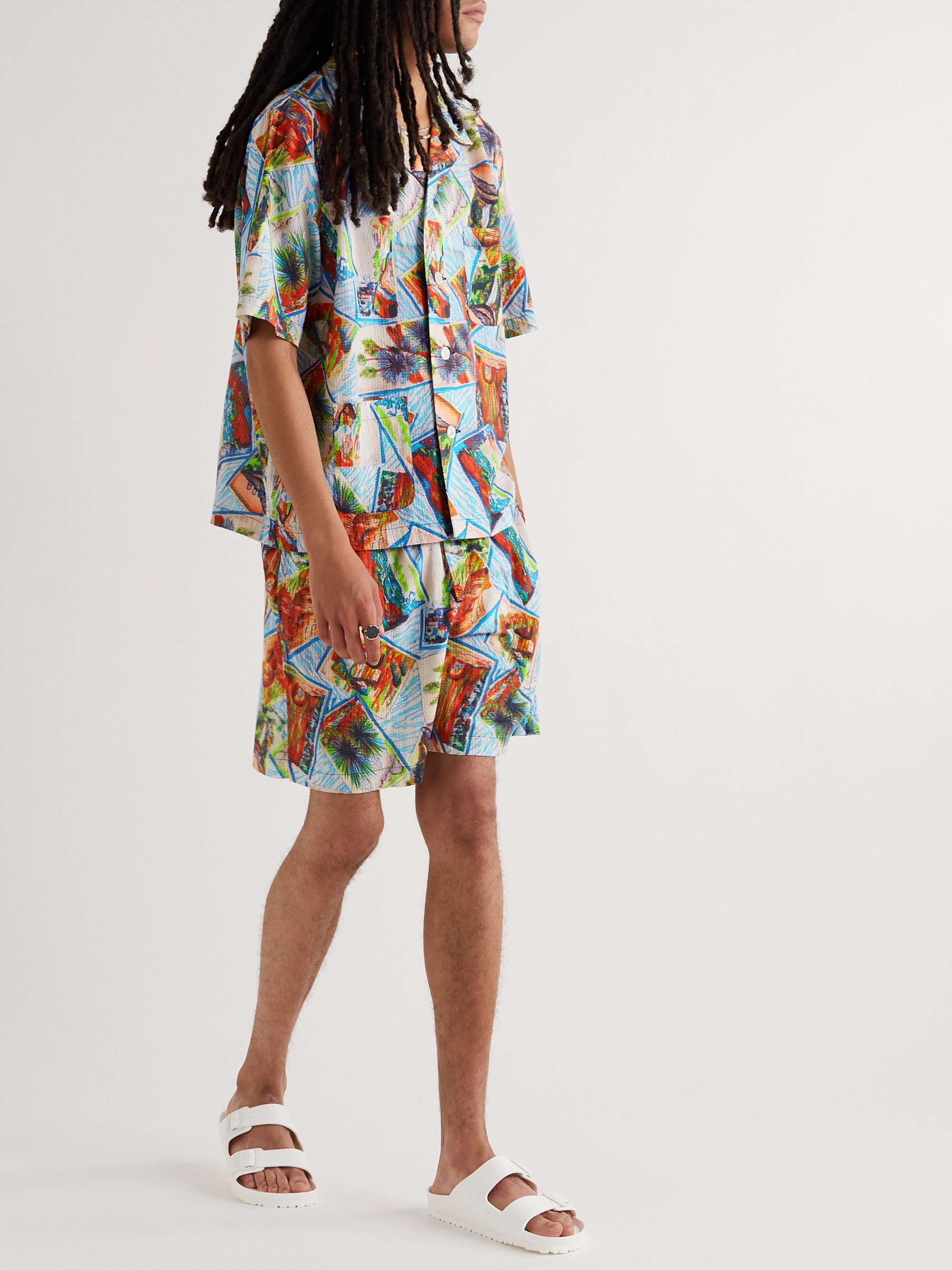 BODE Camp-Collar Printed Cotton-Seersucker Shirt