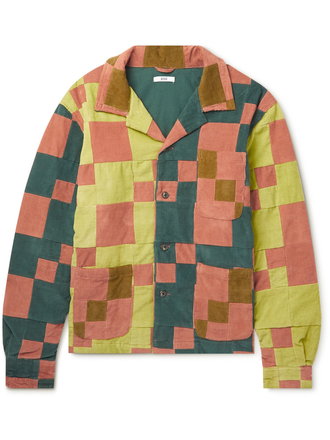 Shop Bode Camp-collar Patchwork Cotton-corduroy Overshirt In Green