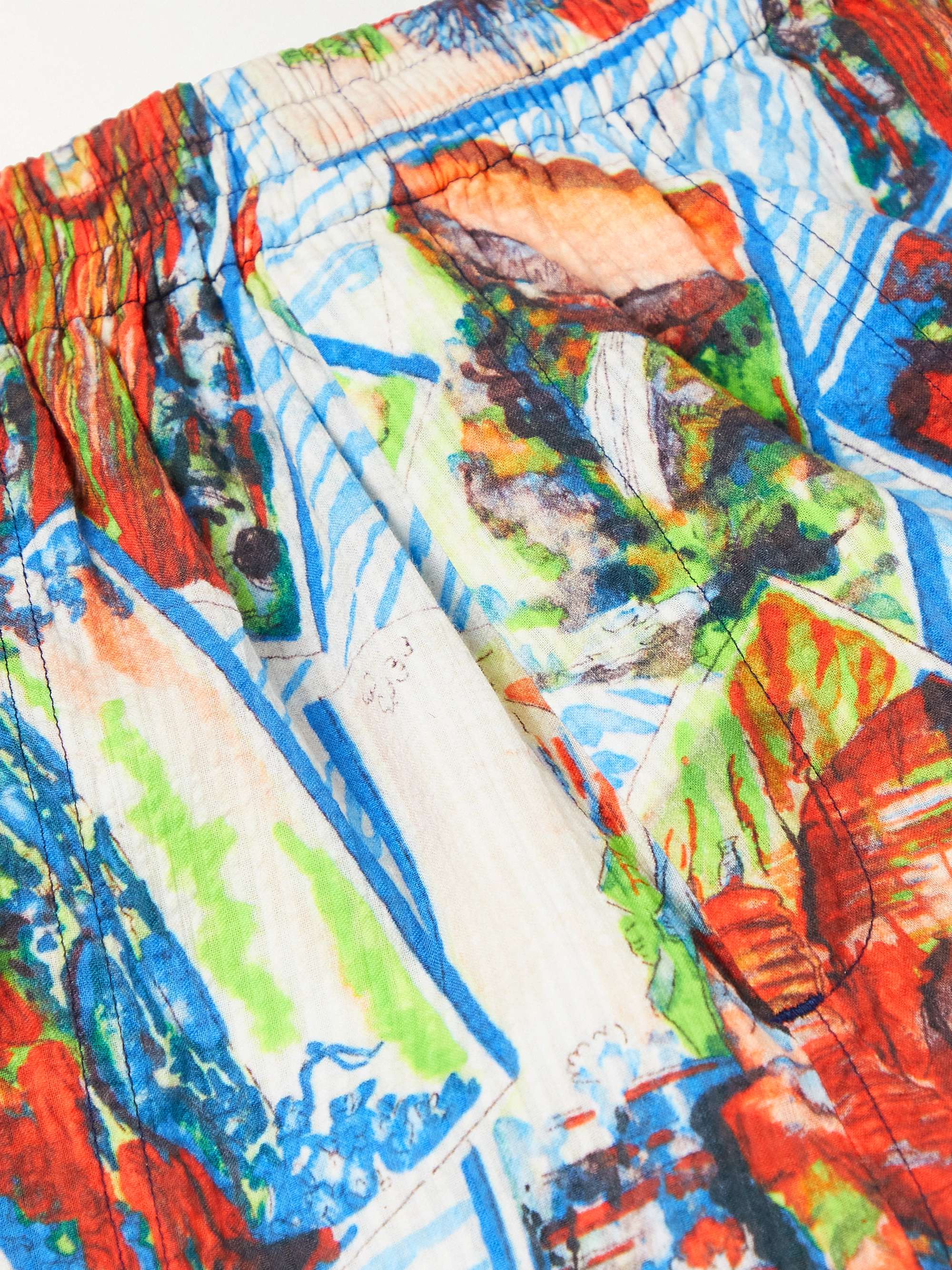 BODE Wide-Leg Printed Cotton-Seersucker Shorts