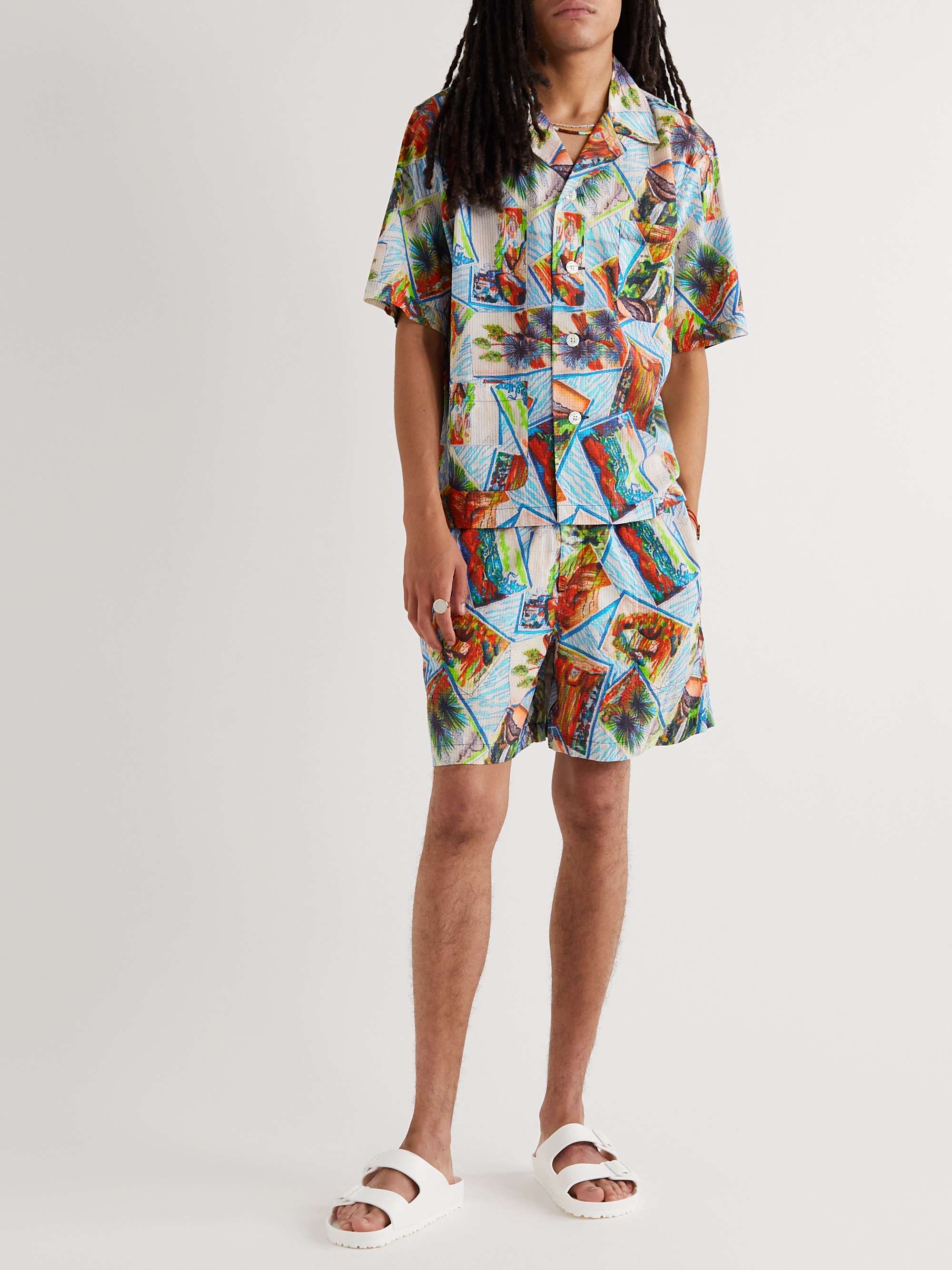 BODE Wide-Leg Printed Cotton-Seersucker Shorts