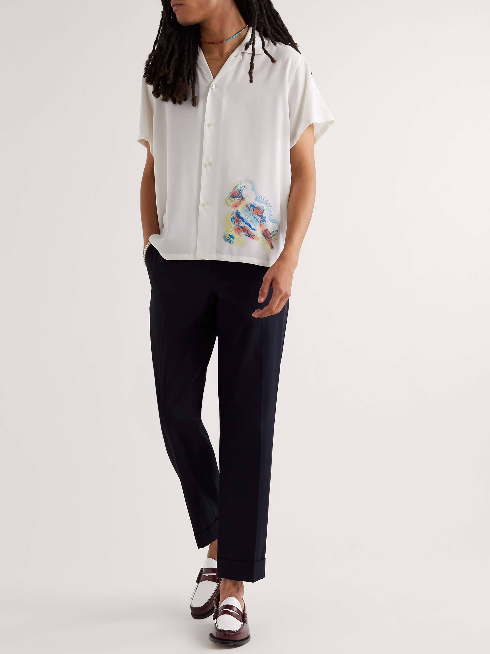 BODE Camp-Collar Printed Silk Crepe de Chine Shirt