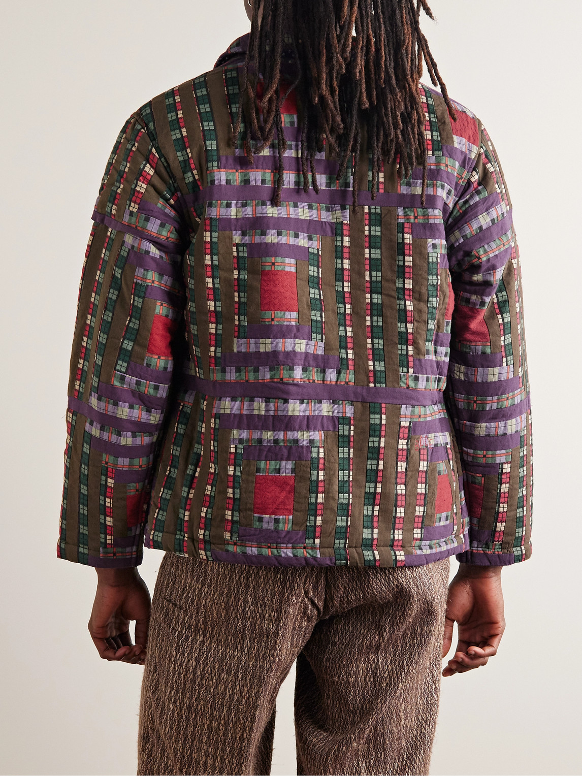 Shop Bode Log Cabin Patchwork Checked Cotton Jacket In Purple