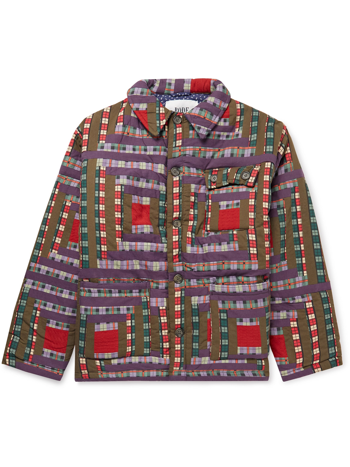 Shop Bode Log Cabin Patchwork Checked Cotton Jacket In Purple