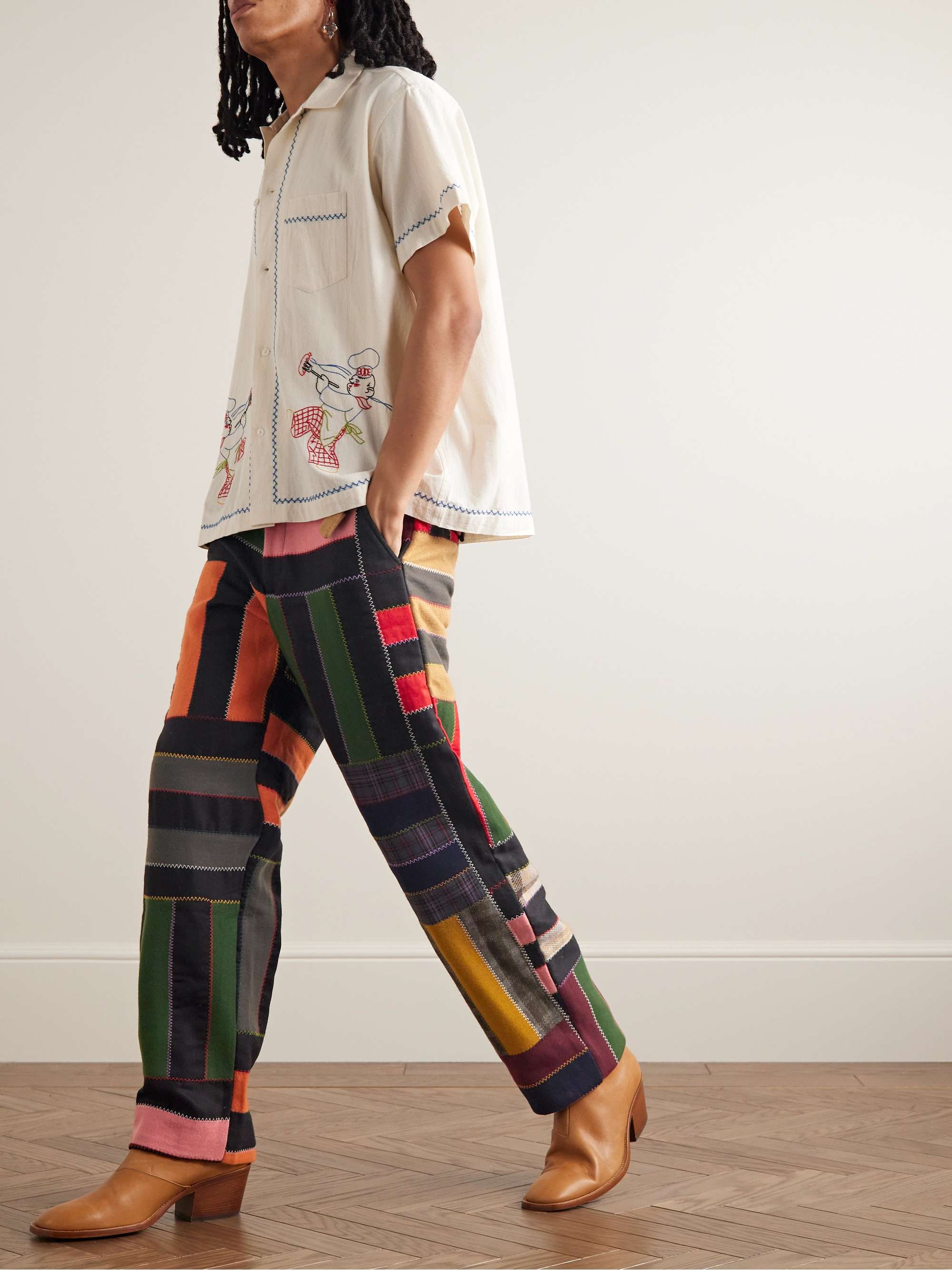 Straight-Leg Patchwork Checked Wool-Blend Trousers