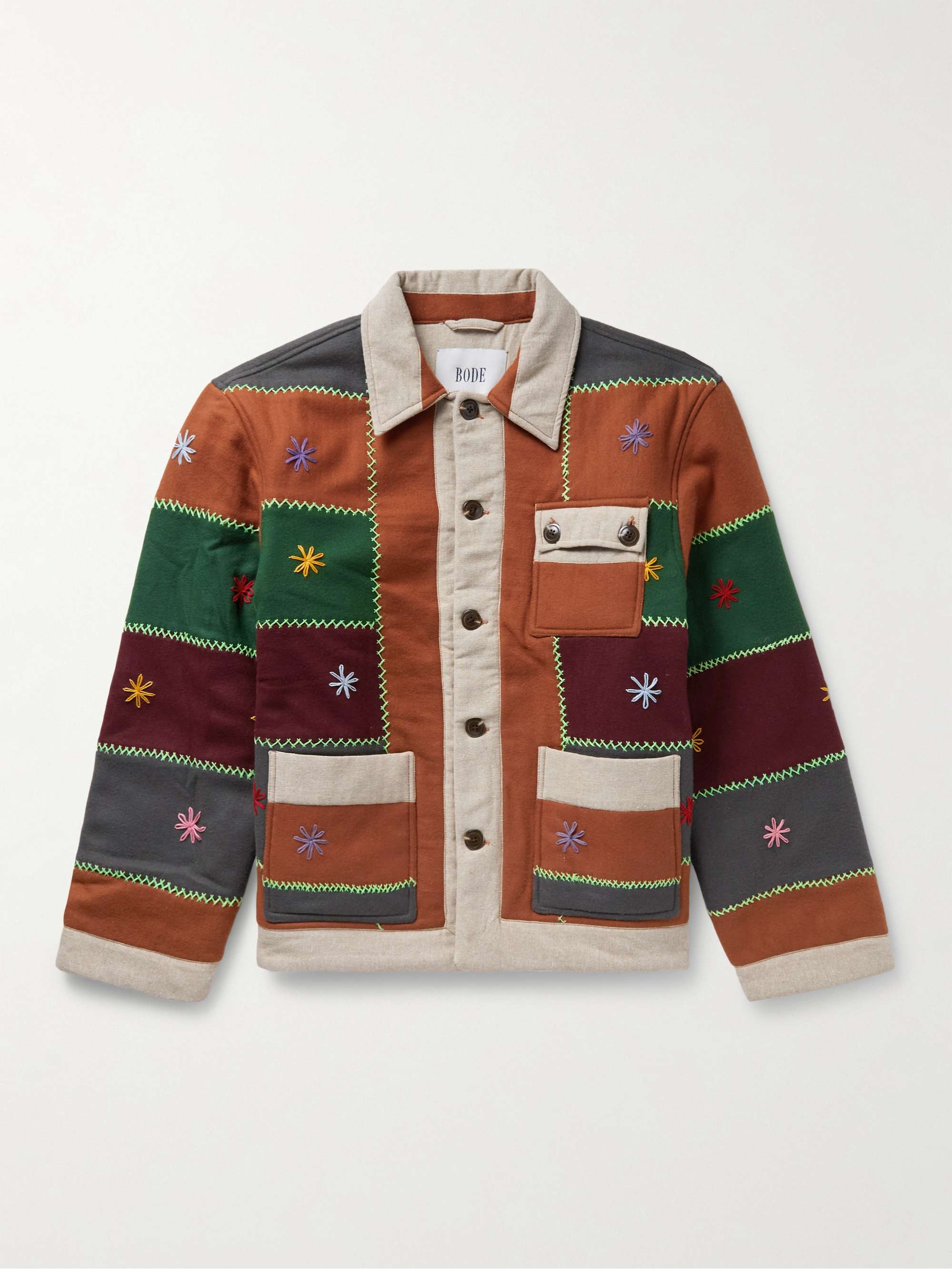 BODE Embroidered Patchwork Wool-Blend Jacket