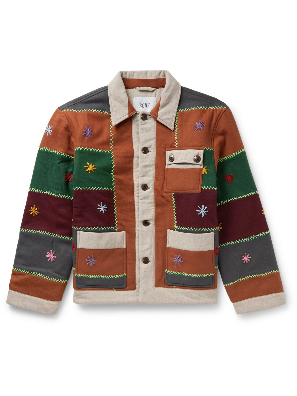 Shop Bode Embroidered Patchwork Wool-blend Jacket In Multi