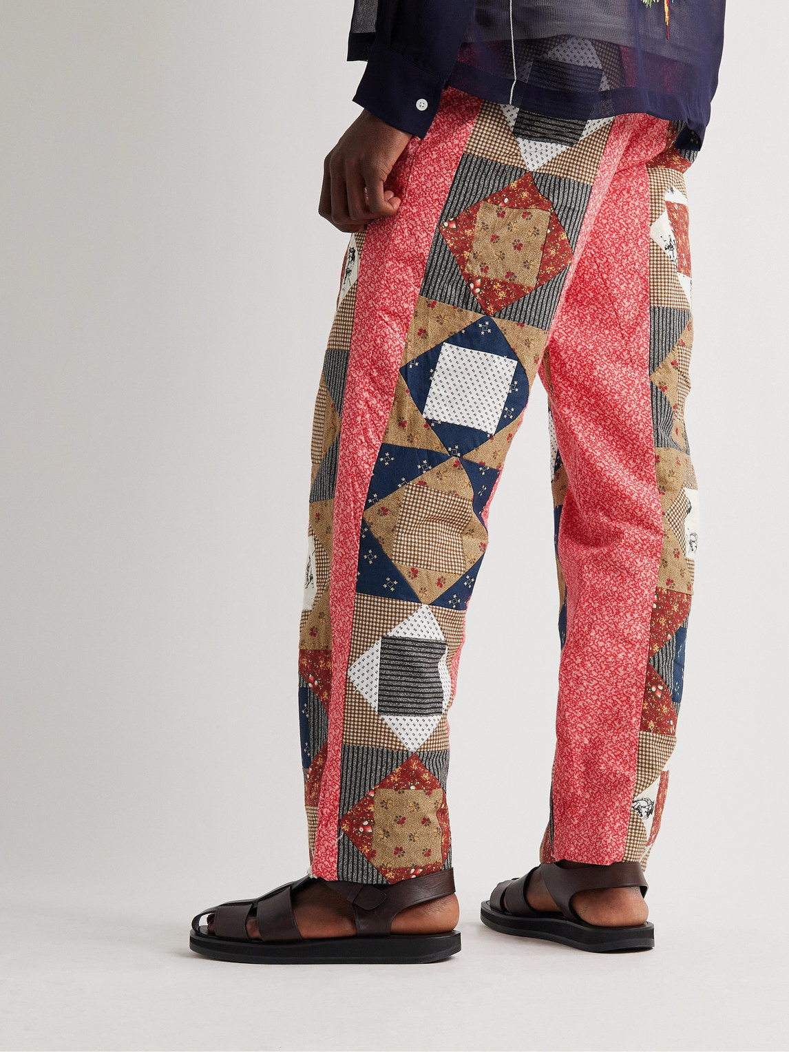 Shop Bode Straight-leg Patchwork Printed Cotton Trousers In Red