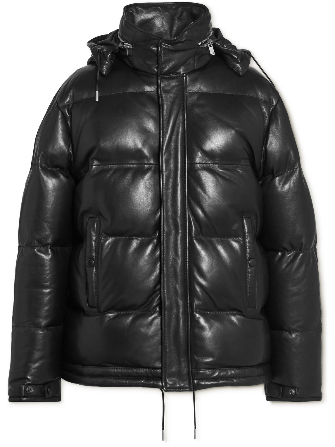 Quilted Leather Hooded Down Jacket