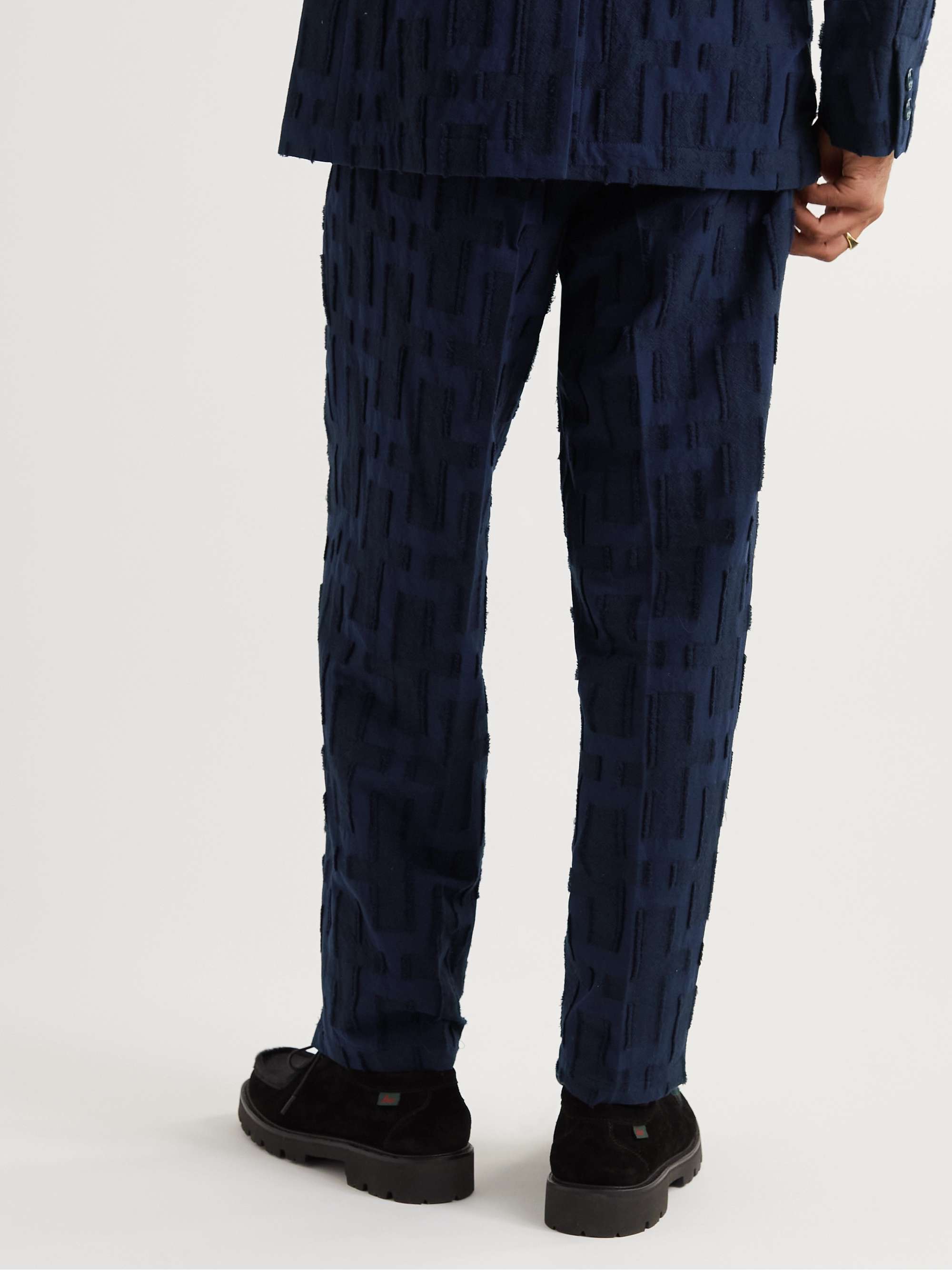 Pleated Textured Cotton and Wool-Blend Jacquard Trousers