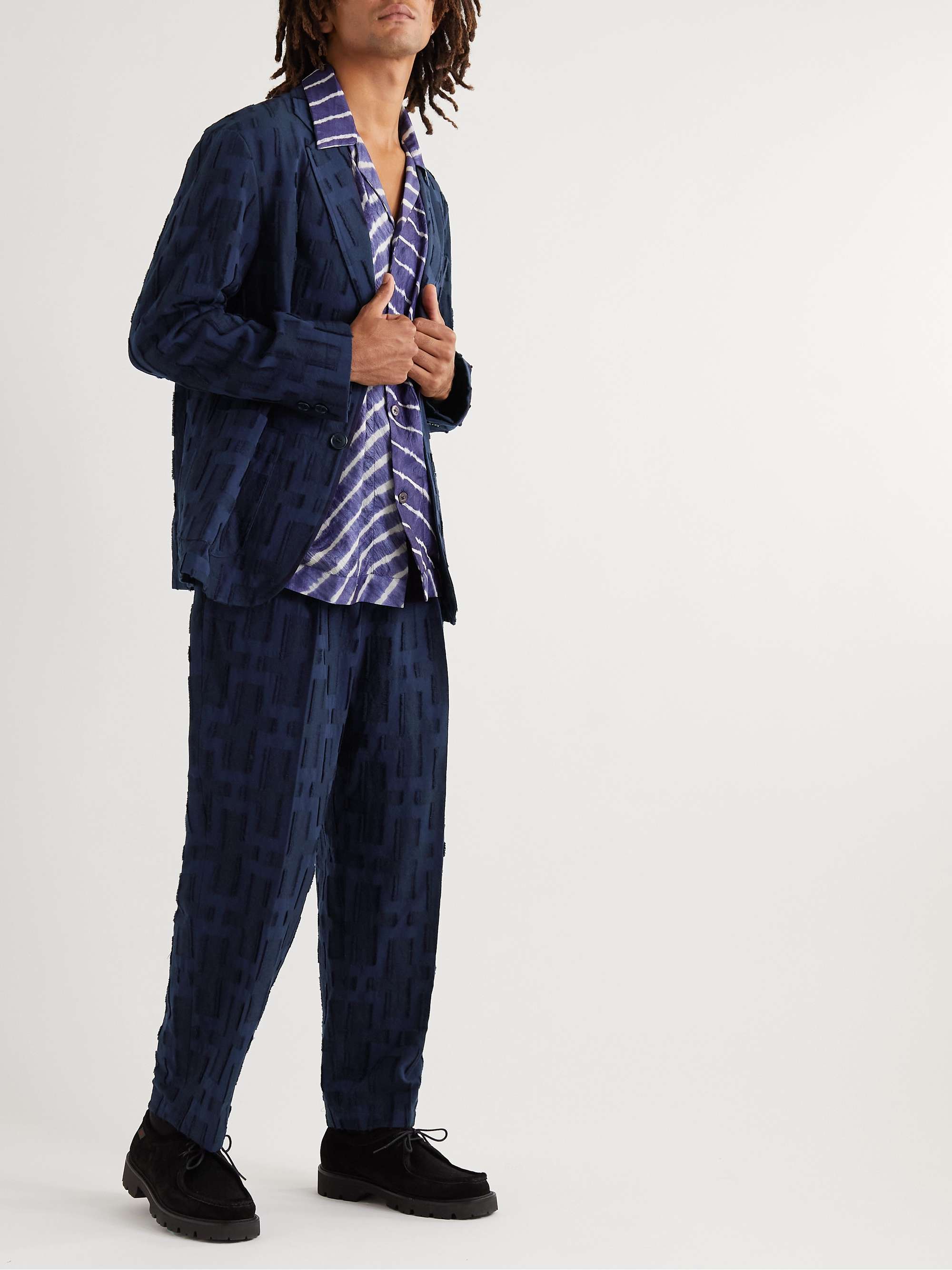 Pleated Textured Cotton and Wool-Blend Jacquard Trousers