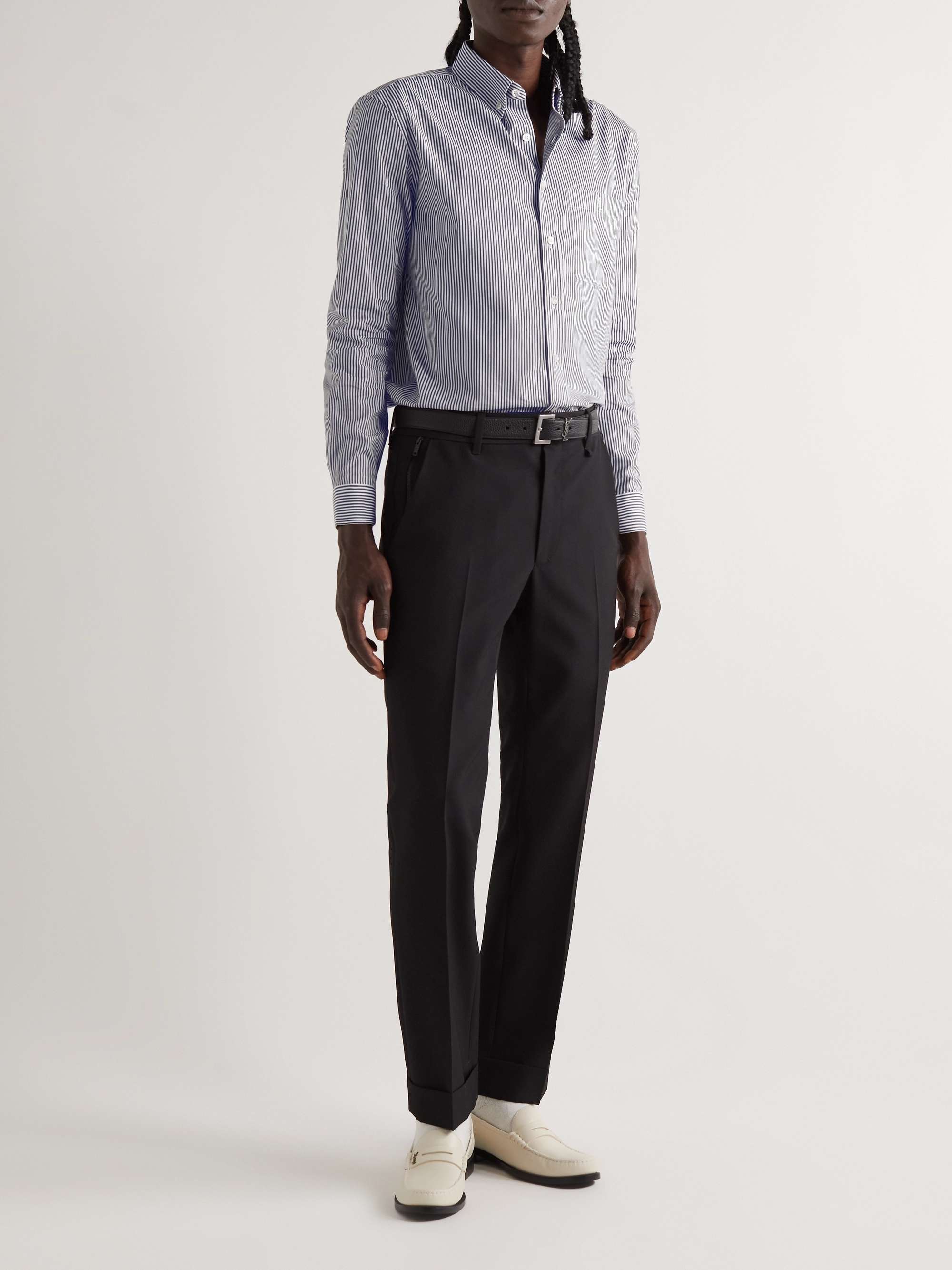 SAINT LAURENT Monogram Button-Down Collar Striped Cotton-Poplin Shirt ...